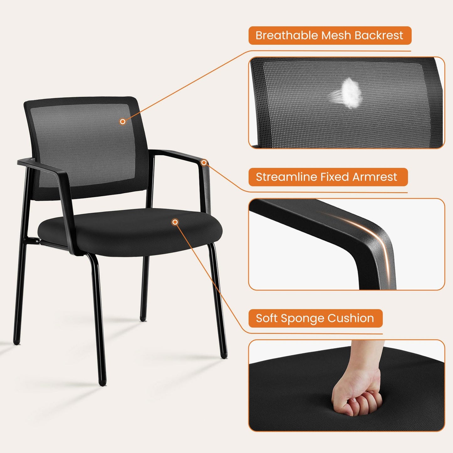 Mesh Back Stacking Arm Chairs, Office Reception Guest Chair with Upholstered Fabric Seat and Ergonomic Lumber Support, Sturdy Metal Office Chairs, Black-4pack