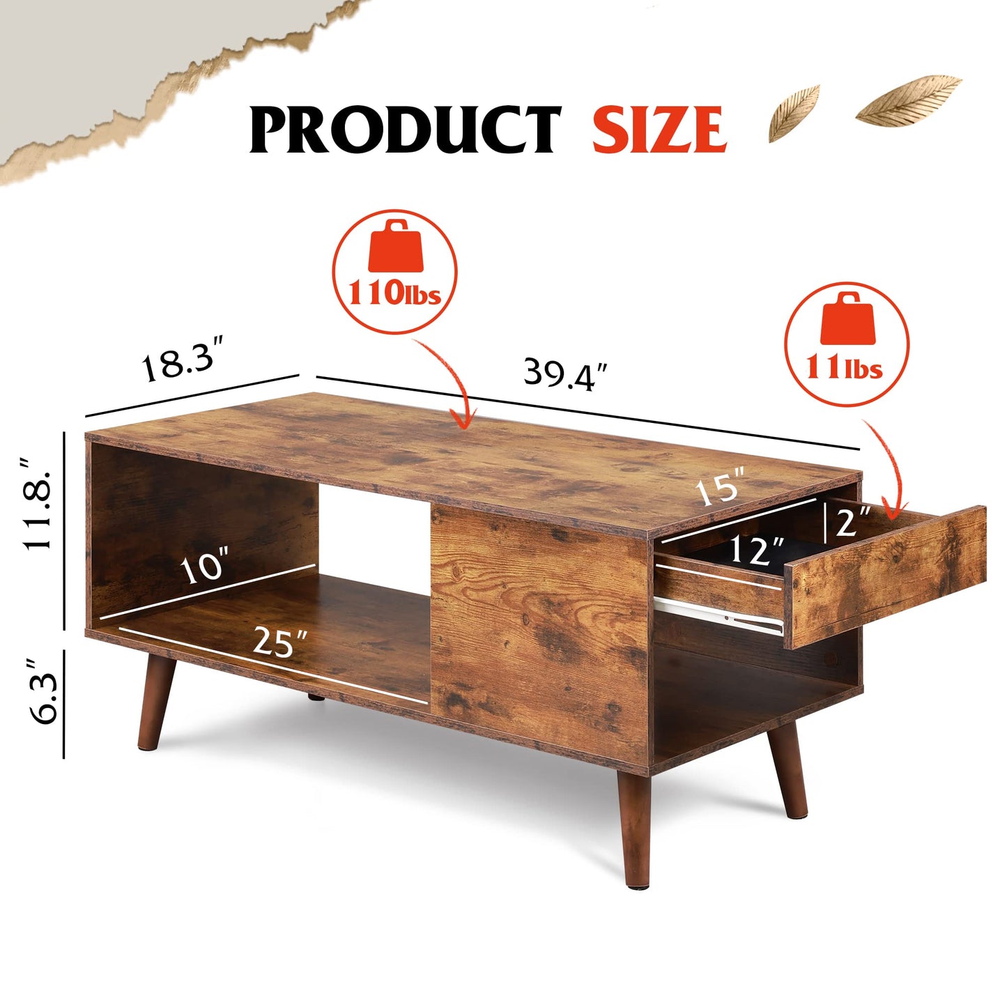 WLIVE Coffee Table, 39.4" Wood Coffee Table with Sliding Top up to 50" TV, Modern Center Table with Open Storage Shelf for Living Room, Bedroom, Rustic Brown