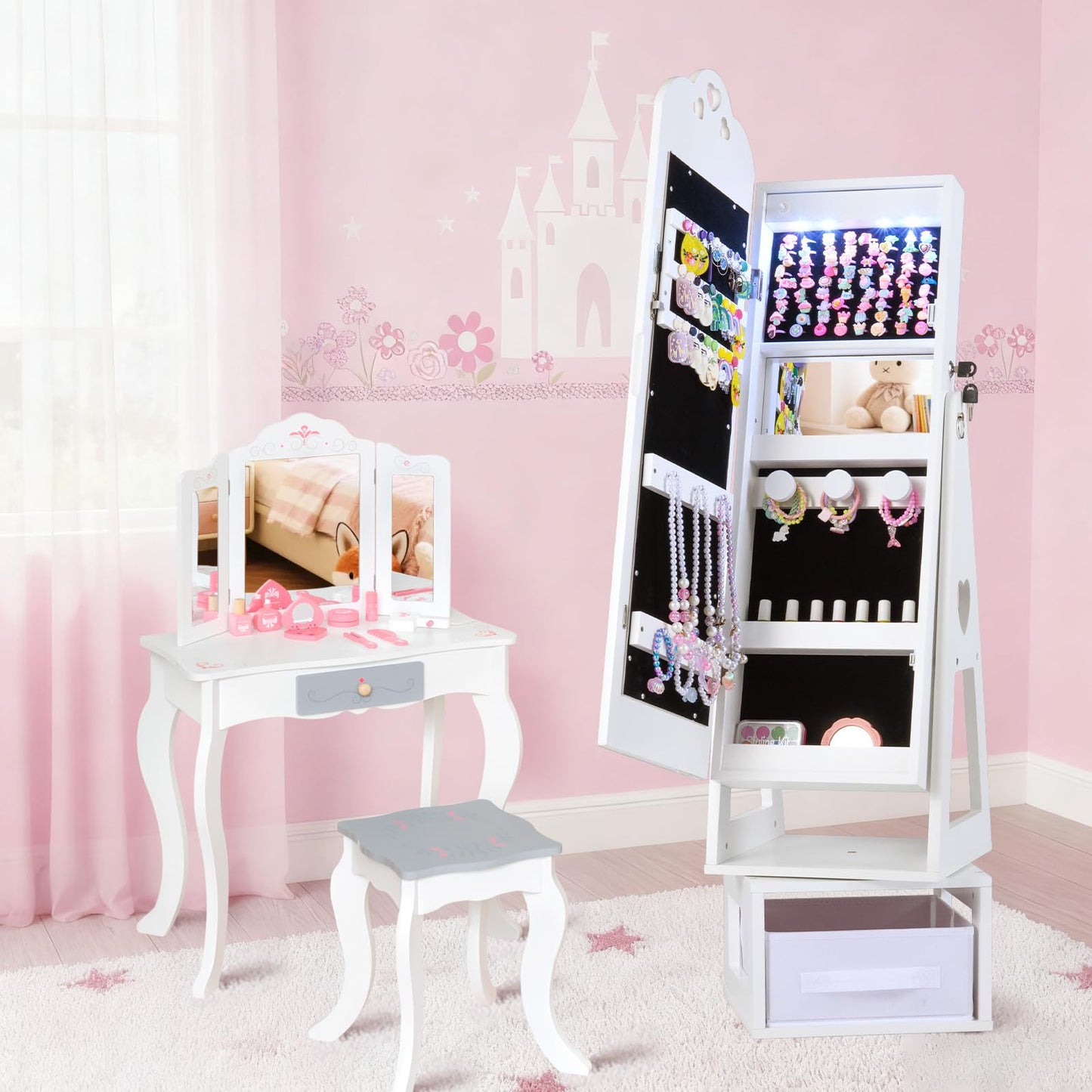 INFANS Kids Jewelry Armoire Cabinet, 360° Swivel Lockable Standing Makeup Organizer with Interior Lights, Rotatable Full-Length LED Vanity Mirror with Foldable Fabric Drawer for Girls