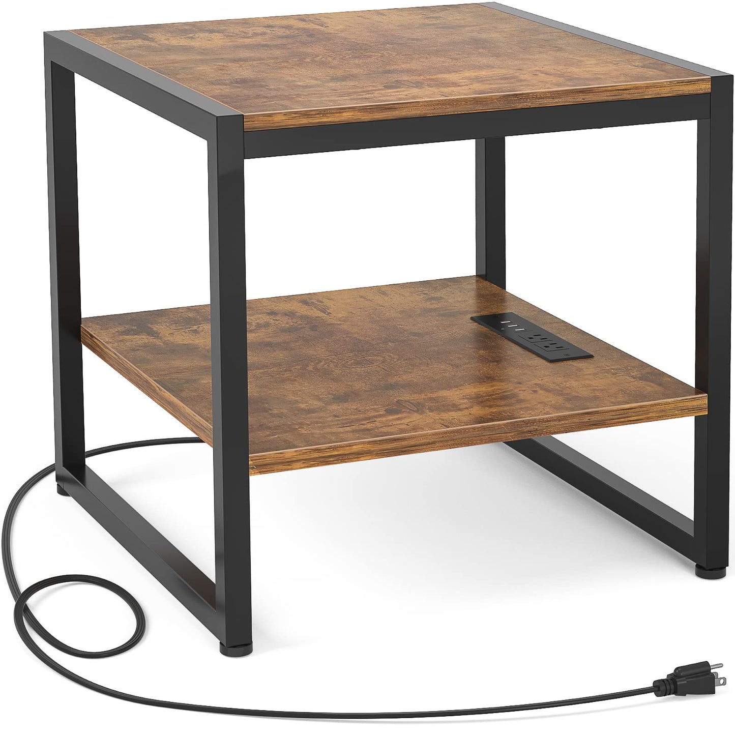 Homieasy End Table with Charging Station, 20" Mini Fridge Stand with Power Outlets, Heavy Duty Side Table for Living Room, Small Table Stand & Fridge Table, Rustic Brown