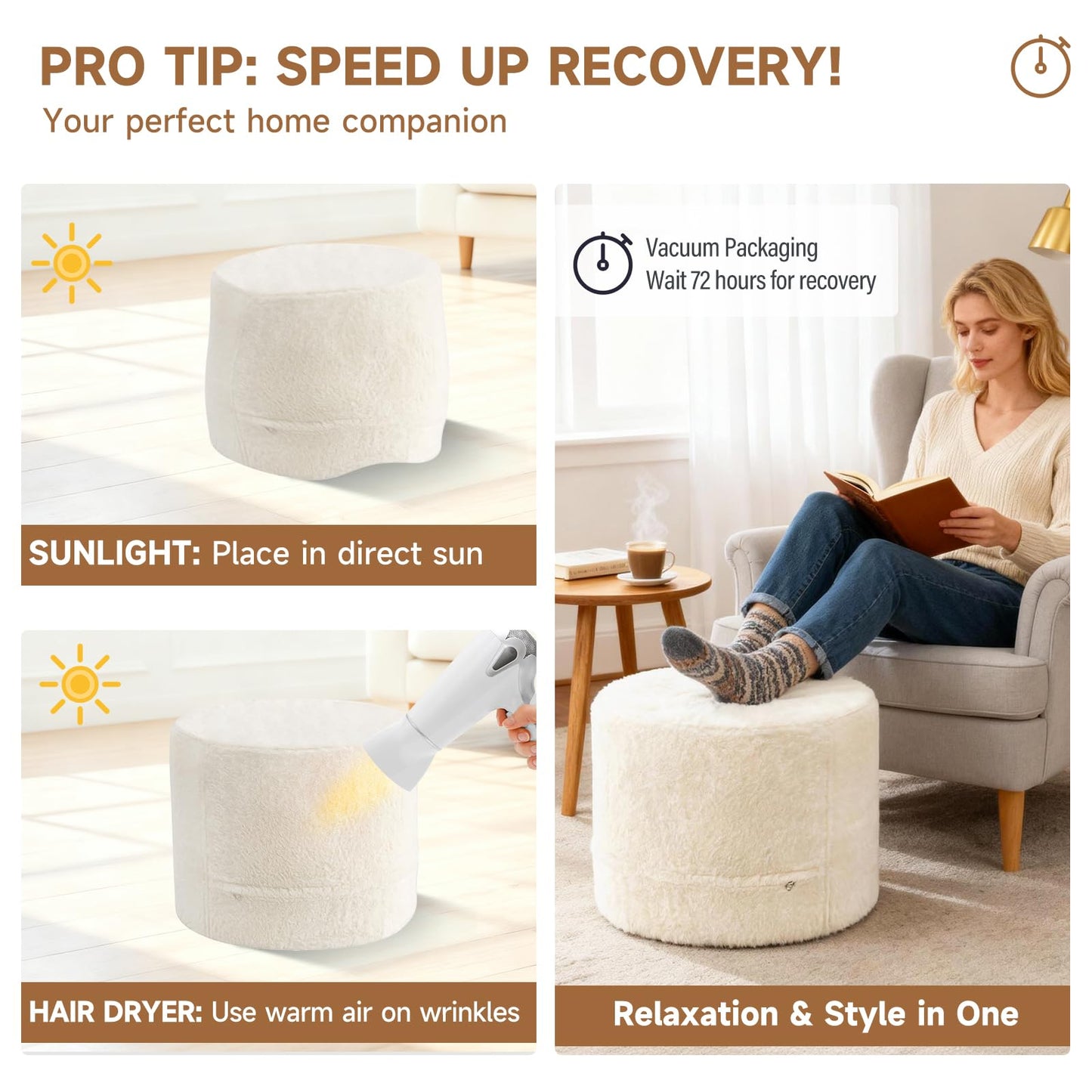 Tiita Round Stuffed Pouf Ottoman, Plush Poufs with Foam Chunk Filling, Foot Rest Stool for Living Room, Cream