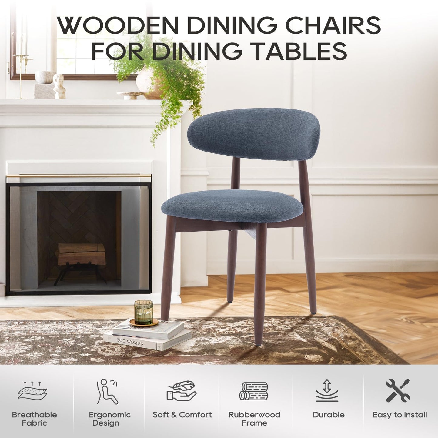 COLAMY Wooden Dining Chairs Set of 4, Modern Fabric Upholstered Dining Room Chair, Farmhouse Kitchen Side Chairs with Foot Pegs, Blue