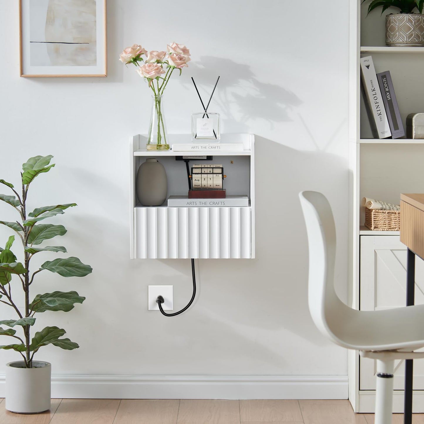 BuildHom Modern Fluted Floating Nightstand Wall Mounted - Bedside Table with Storage Drawer & Display Shelf, Minimalist Bedroom Furniture for Studio Apartments (Matte White)