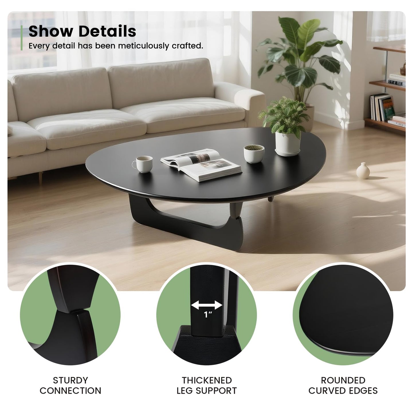 Solid Wood Triangle Coffee Table,Unique Mid Century Modern Oval Coffee Table,Irregular Geometric Tea Tables for Home Living Room with Wooden Tabletop and Reinforced (Black2, 43" L x 31" W x 16" H)