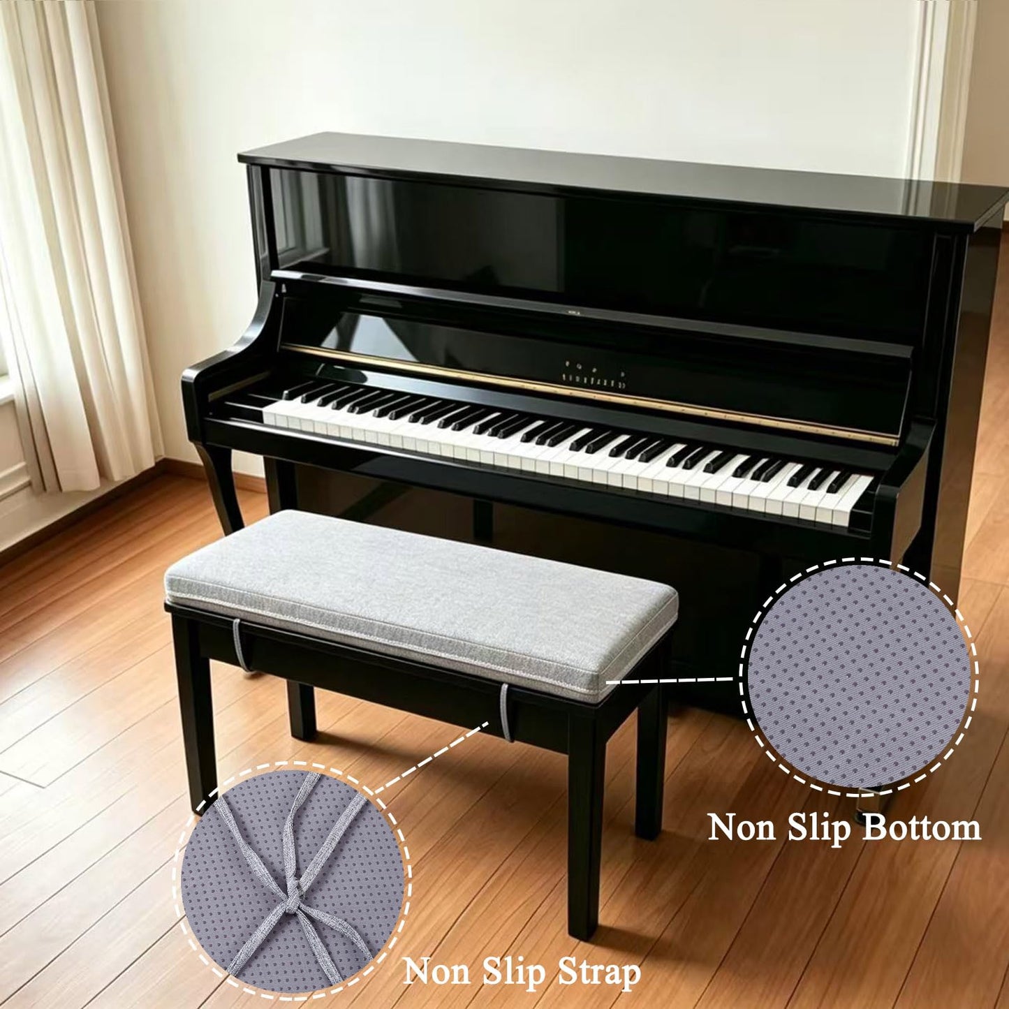 MICUSHION 32 x 12 Inch Piano Bench Cushion for Indoor Shoe Storage with Ties Non Slip Picnic Bench Pad for Kitchen Dining Table Seat, Ash Grey
