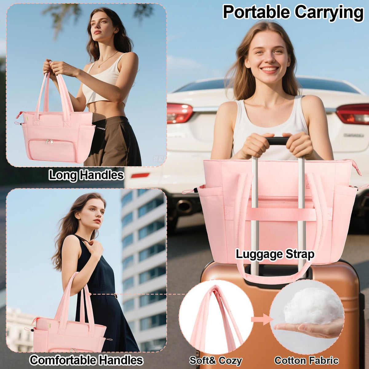 Veirdro Work Laptop Tote Bag for Women with Insulated Lunch Compartment, Lightweight Puffy Lunch Tote Bag with 15.6 Inch Laptop Compartment, Quilted Laptop Bags for Office Commuter Teacher Nurse Pink