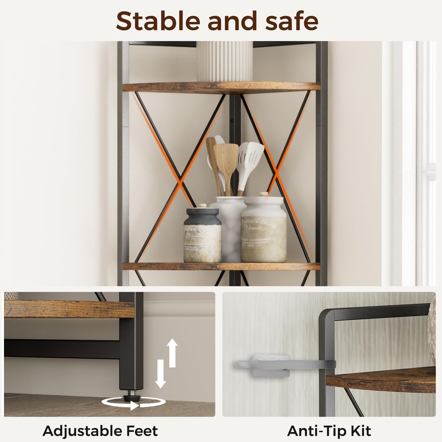 Cerlyunzan 6 Tier Corner Shelf Stand, 78" H Tall Industrial Corner Bookshelf for Living Room Decor, Metal Corner Shelf, Plant Stand Display Shelf for Bedroom, Bathroom, Small Space, Rustic Brown