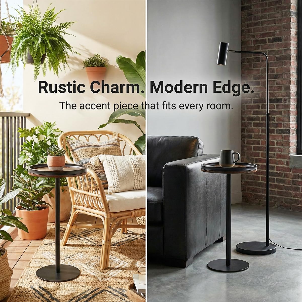 ZEXVIDA Small Round Side Table,Drink Table with Weighted Base,Industrial Metal & Wood Pedestal End Table with Tray Top, Martini Table for Small Spaces, Living Room, Next to Sofa,24.7" H