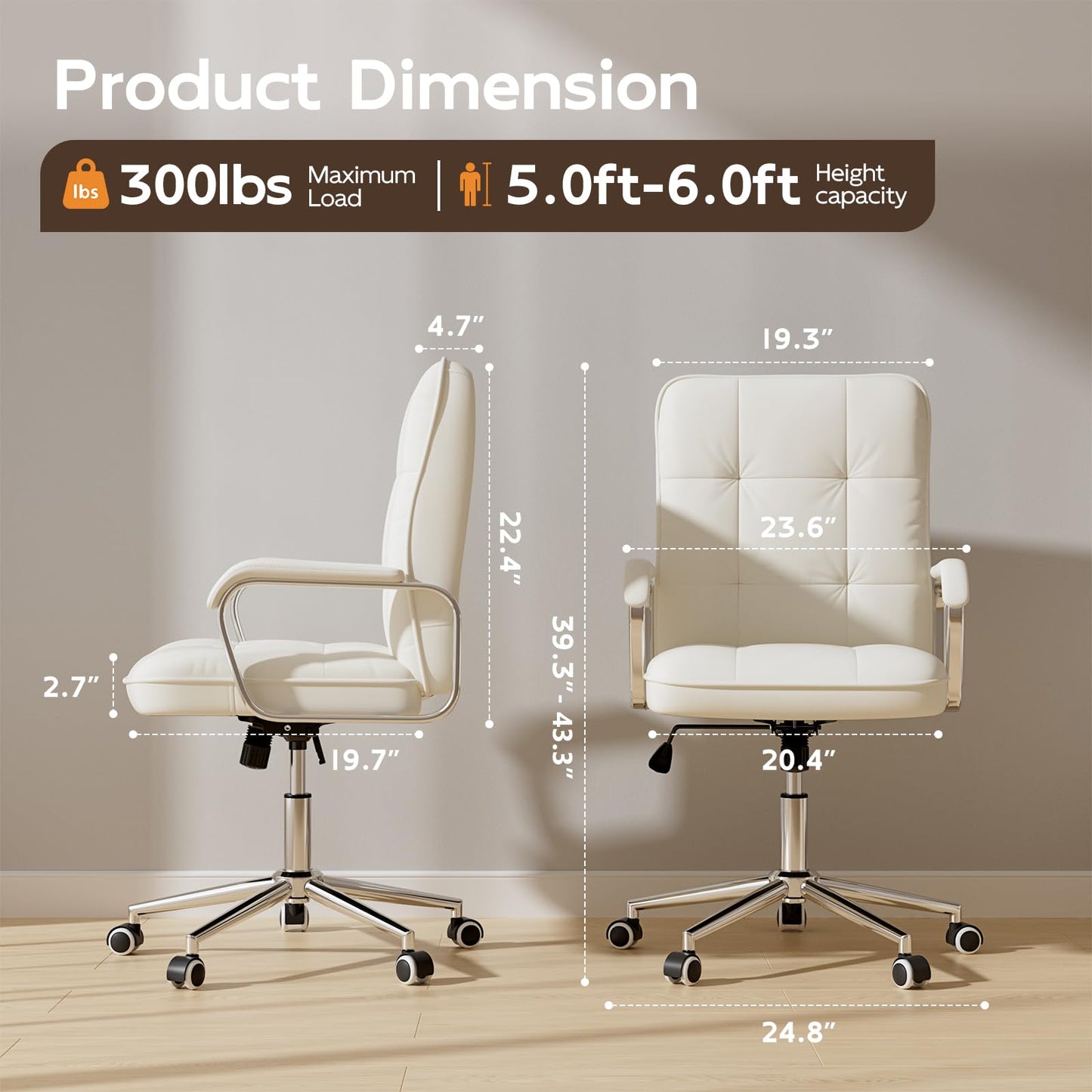 HomeZeer White Office Chair, Mid Back Leather Desk Chair with Wheels and Padded Arms, Swivel Vanity Chair for Bedroom, Computer Chair for Study and Work