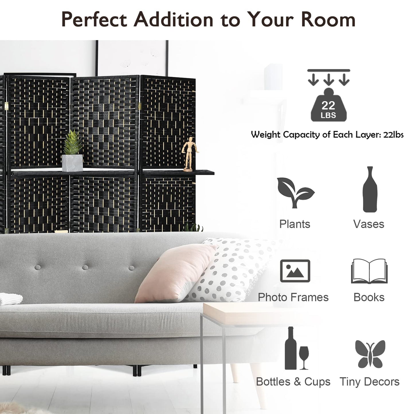 Giantex 6Ft 6 Panel Room Divider with Shelves, Freestanding Hand-Woven Rattan Folding Privacy Screens for Room Separation, Wooden Partition Room Divider Wall for Home Office Studio Separator