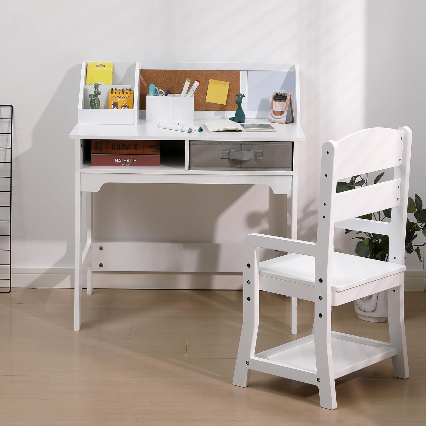 GarveeHome Kids Desk and Chair Set, Wooden Study Table with Storage Bins, Bookshelf, Bulletin Board, and Pen Holder, Writing Table for Boys and Girls, White