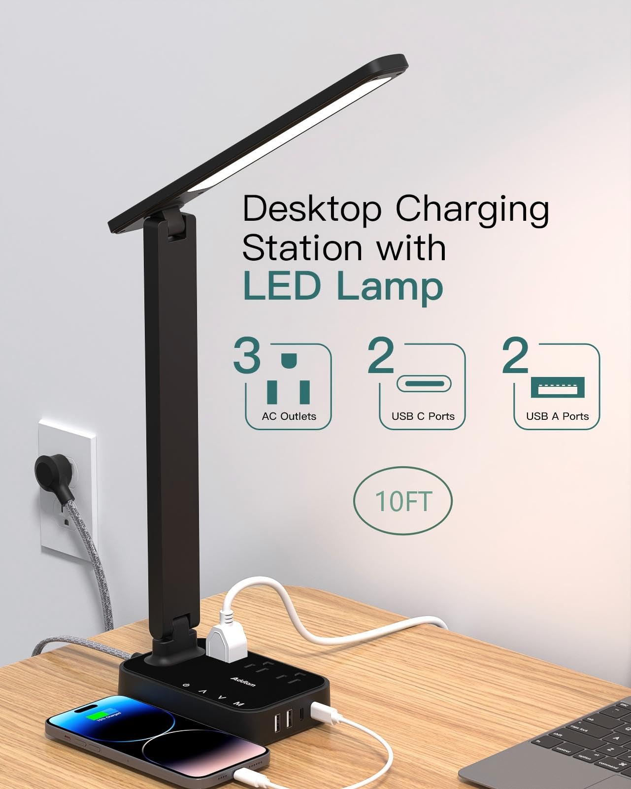 Addtam LED Desk Lamp, Power Strip with 3 Outlets 4 USB Charging Ports(2 USBC), 4 Modes 5 Level Brightness Touch Lamp, Small Desk Lamp for Home Office College Dorm Room Essentials, 10 FT