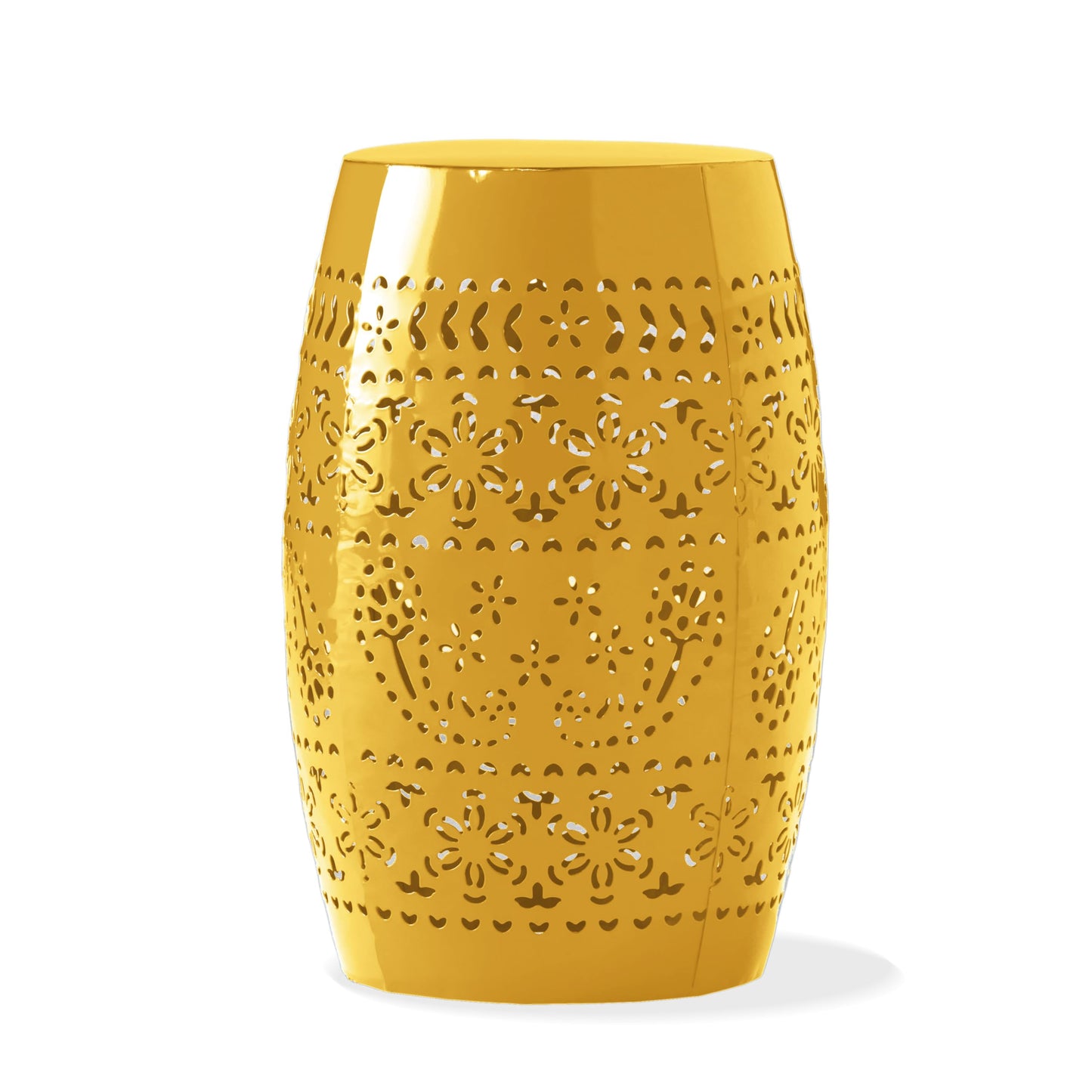 Christopher Knight Home Zoey Small Outdoor Side Table, Lace Cut Iron End Table, Metal Outdoor Stool, Hollow Drum Round Side Table, Decorative Garden Stool with Cutout Design for Patio Balcony, Yellow
