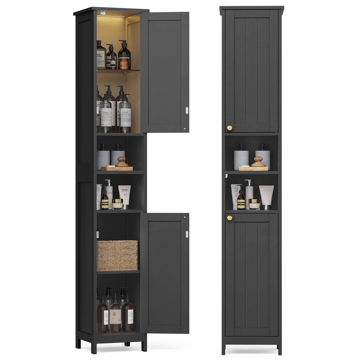 VASAGLE Tall Storage Cabinet with Lights, Slim Freestanding Cabinet with Adjustable Shelves, for Small Spaces, Bathroom, Living Room, Modern, 11.8 Inches Wide, Ink Black UBBK566BC01S