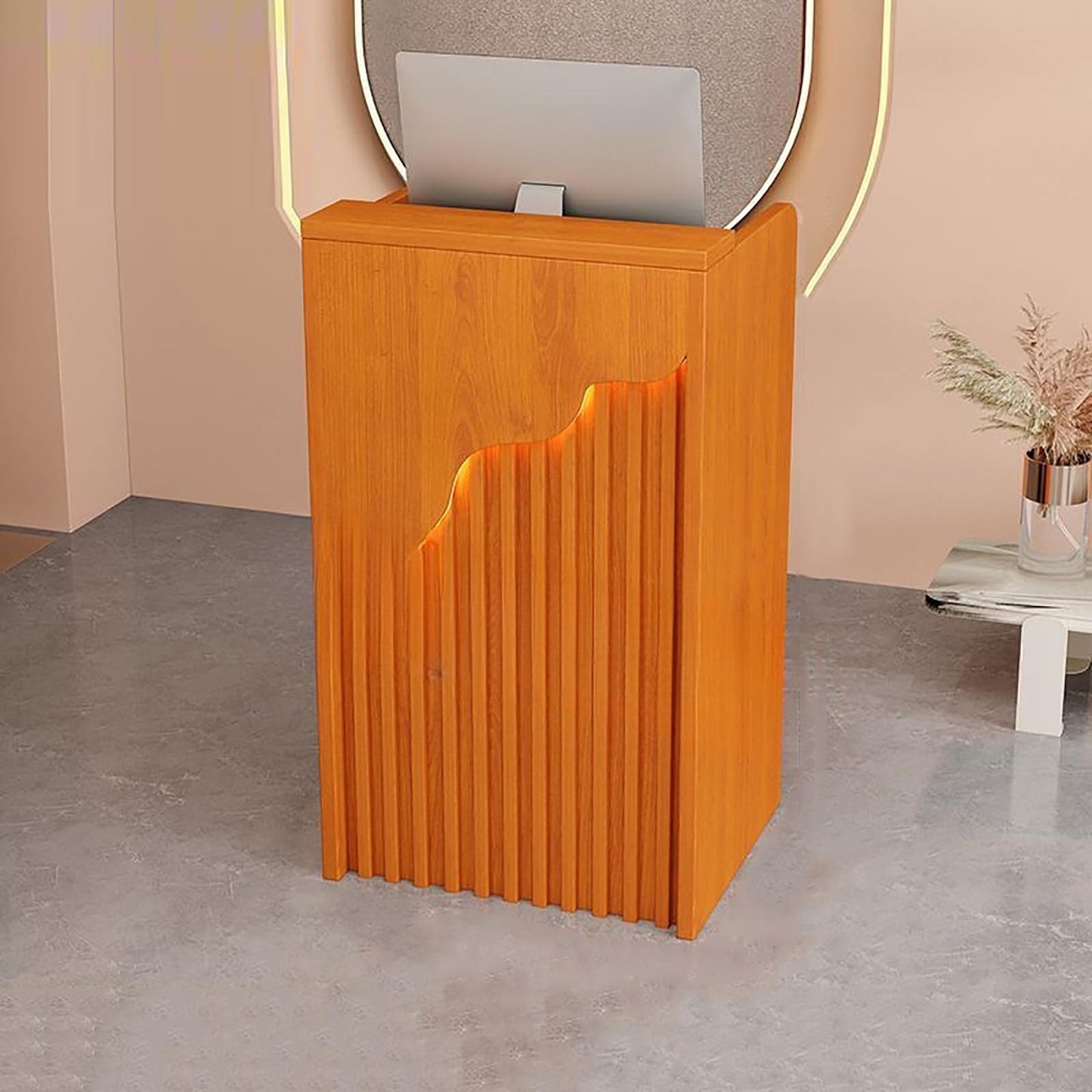Reception Desk Counter Table - L-Shaped Cashier Front Desk, Wooden Design with Open Shelves & Drawers, Modern Retail Counter for Supermarkets, Convenience Stores & Hotels