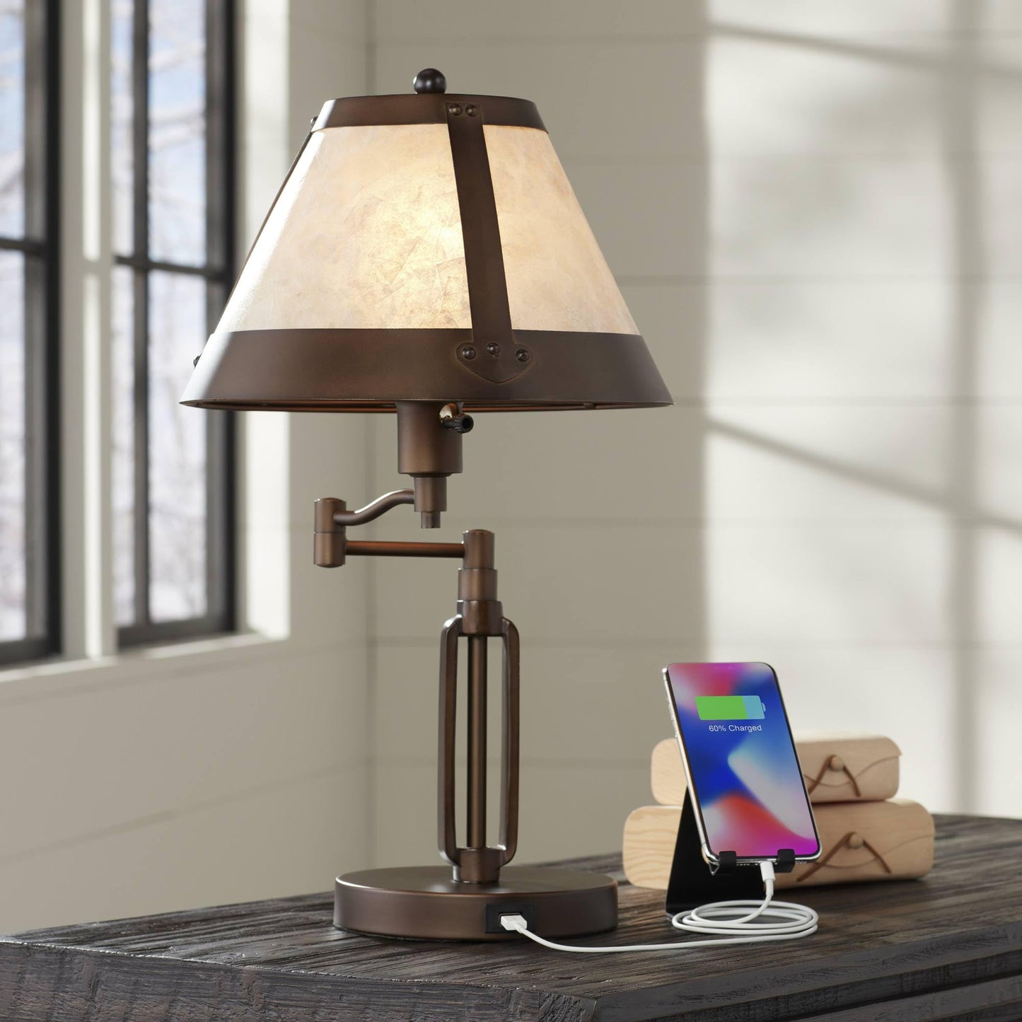 Franklin Iron Works Samuel 21 1/4" High Rustic Swing Arm Accent Table Lamp with USB Ports A+C Charging Bronze Natural Mica Shade for Living Room Bedroom House Bedside Nightstand Home Office Family