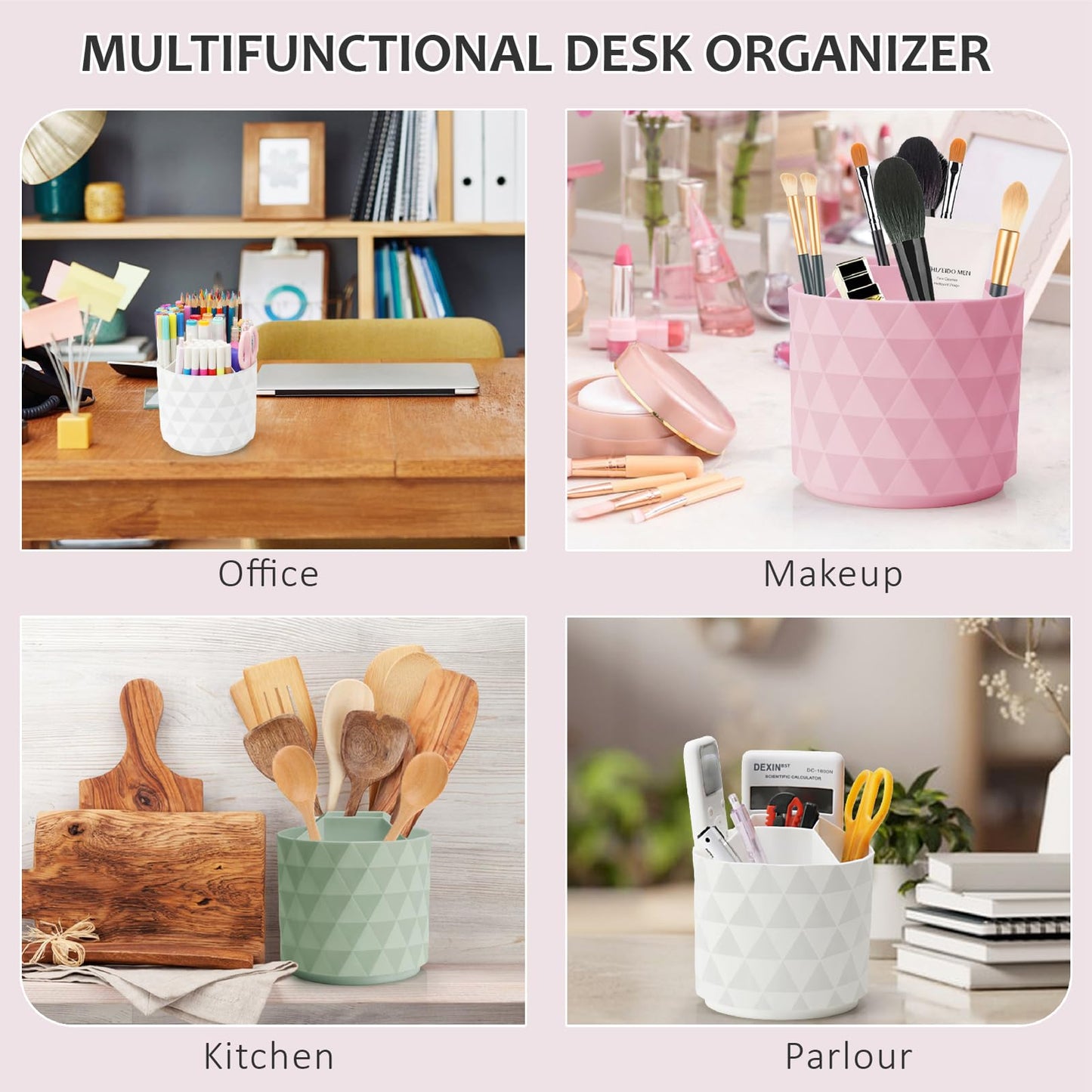 Nuozme Desk Organizer, 360-Degree Rotating Pencil Pen Holders For Desk, Diamond Pattern Pen Organizer With 5 Compartments, Cute Desk Accessories Decor For Office, School,Home,Art Supply (Green)