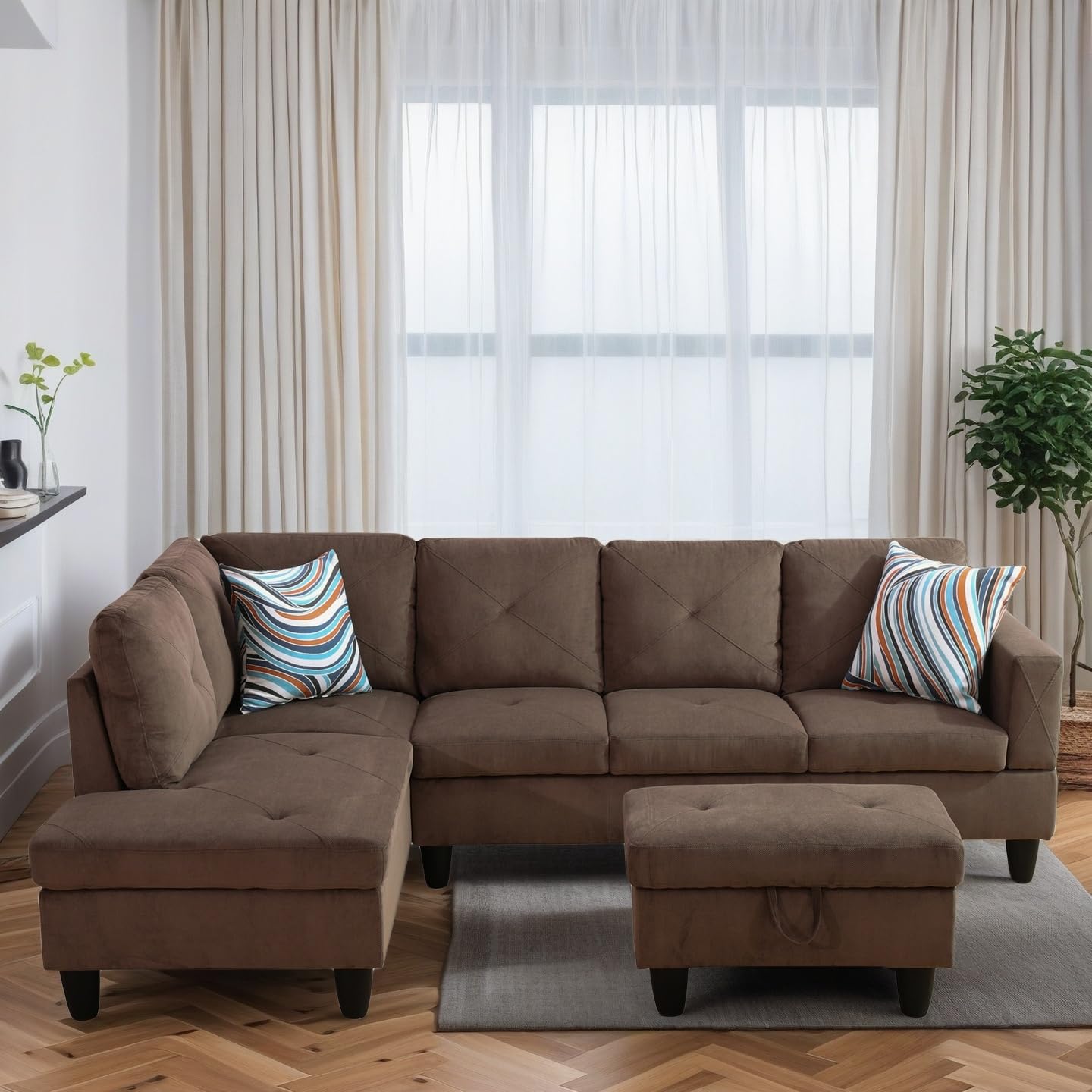 Trygoal 97" L Shaped Couches for Living Room, Sectional Couch Living Room Furniture with Storage Ottoman, Modular Sectional Sofa with Movable Chaise for Apartment Office, Brown