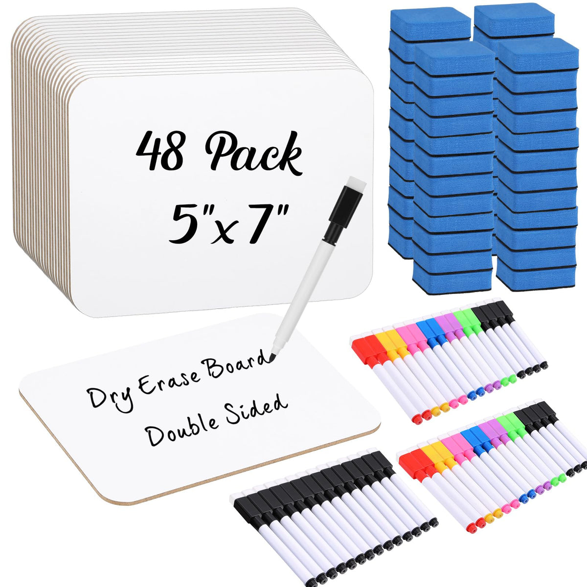 Affrolling 48 Sets Small Whiteboard Dry Erase Boards 5" x7'' Mini Double Sided Dry Erase Lap Boards with Markers Erasers Pen Holders Personal Whiteboards for Students Classroom Teacher