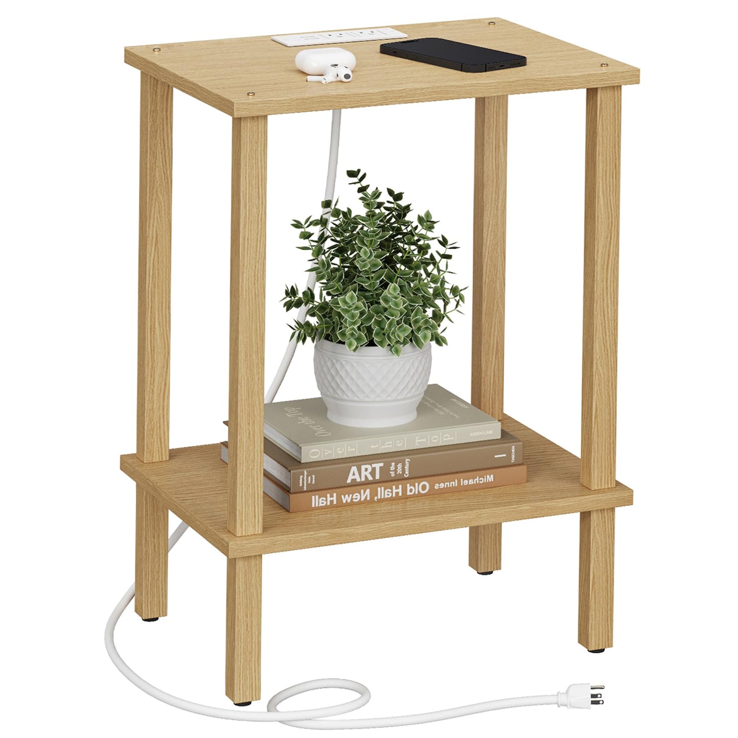 TUTOTAK End Table with Charging Station, Small Side Table with Outlets, Nightstand Bedside Table, 2-Tier Storage Shelf for Small Space, Living Room, Bedroom, Natural TB01BN040