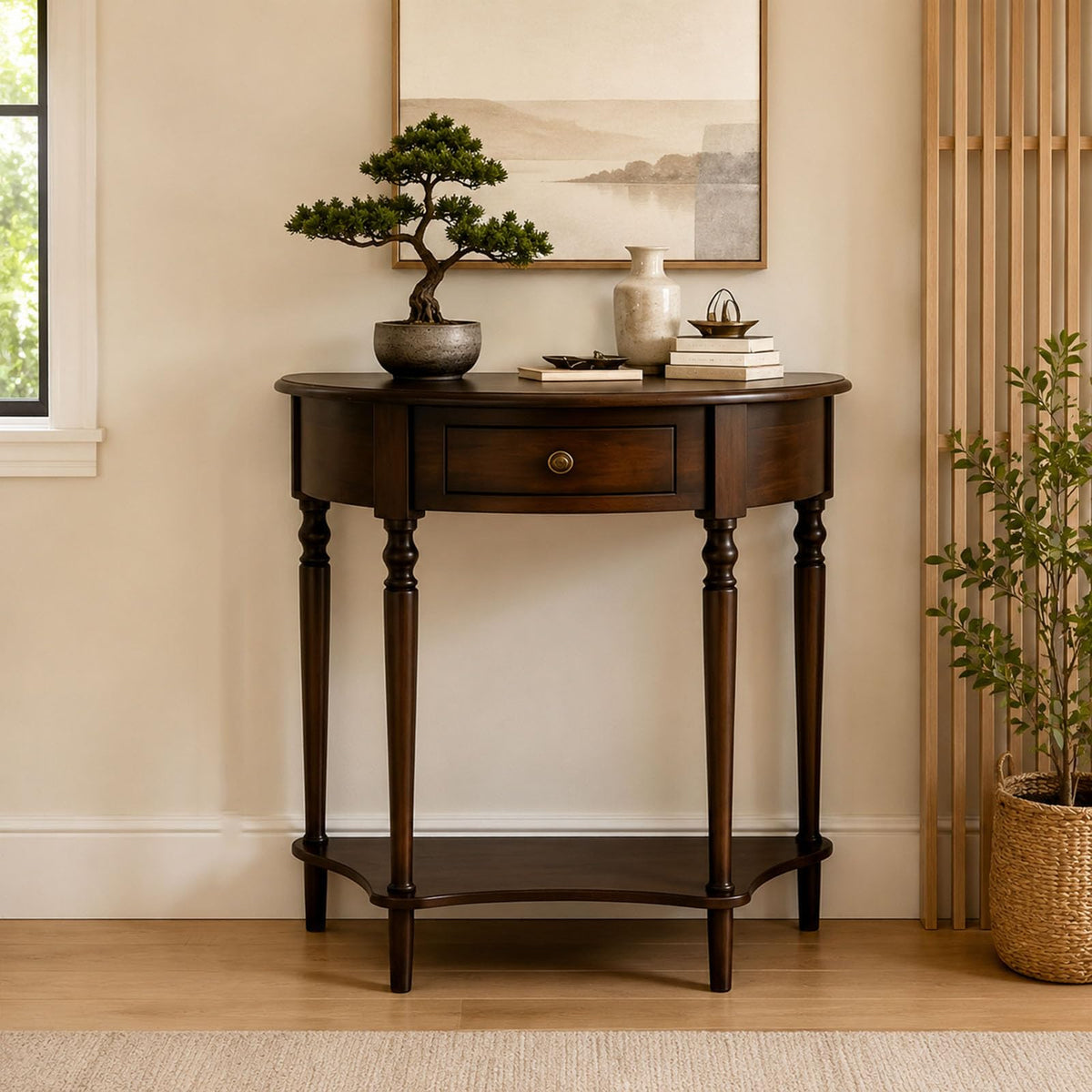 YNVHKFN Half Moon Console Table - Solid Wood Entryway Table with Drawer & Shelf, Narrow Sofa Table for Hallway, Curved Accent Table for Living Room, Foyer, Small Space Storage Table