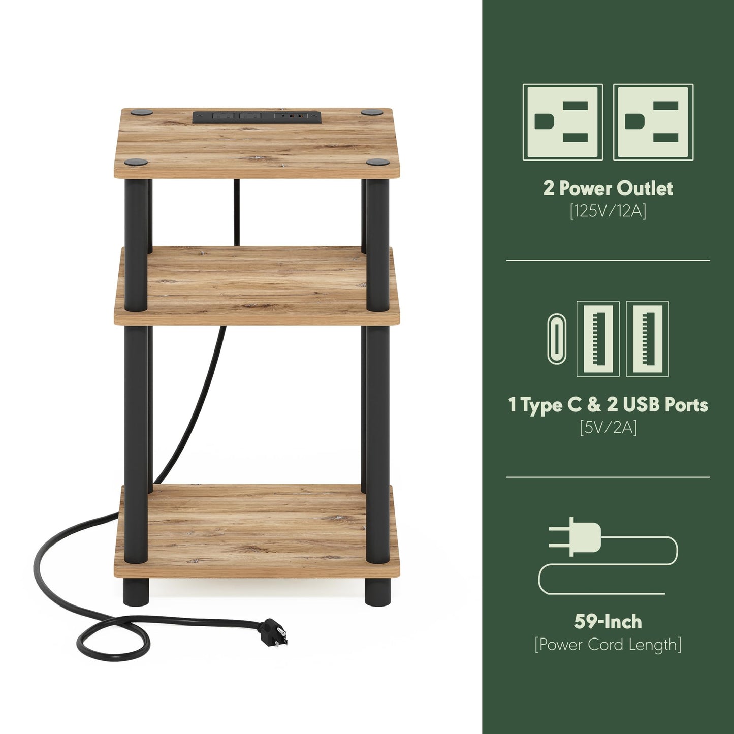 Furinno Just 3-Tier Turn-N-Tube USB and Type-C Charging Port End Table with Open Storage, 11.42 (W) x 8.82 (H) x 6.77 (D) inches, Flagstaff Oak/Black
