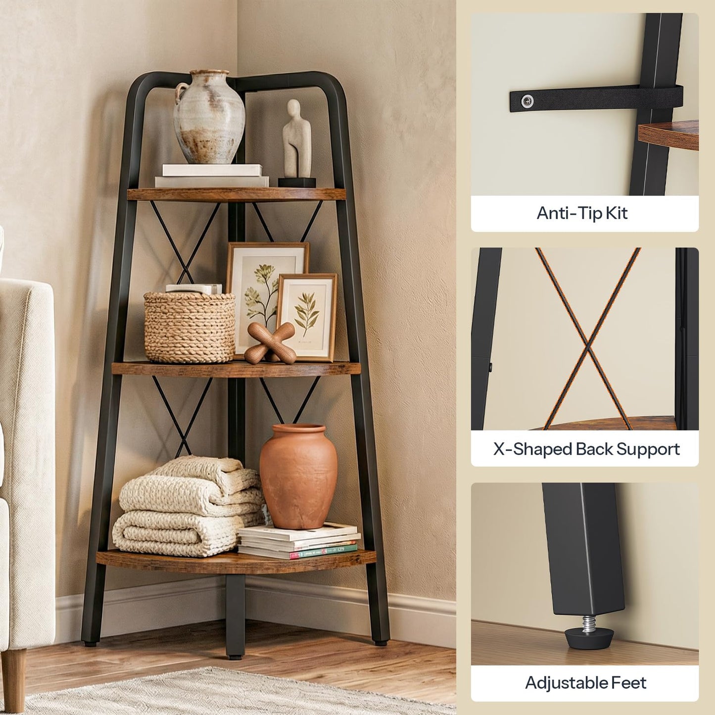 HOOBRO Corner Shelf, 3-Tier Corner Shelf Stand, 40” Tall Ladder Bookshelf, Industrial Corner Display Shelf Plant Stand for Living Room, Kitchen, Home Office, Rustic Brown BF143CJ01