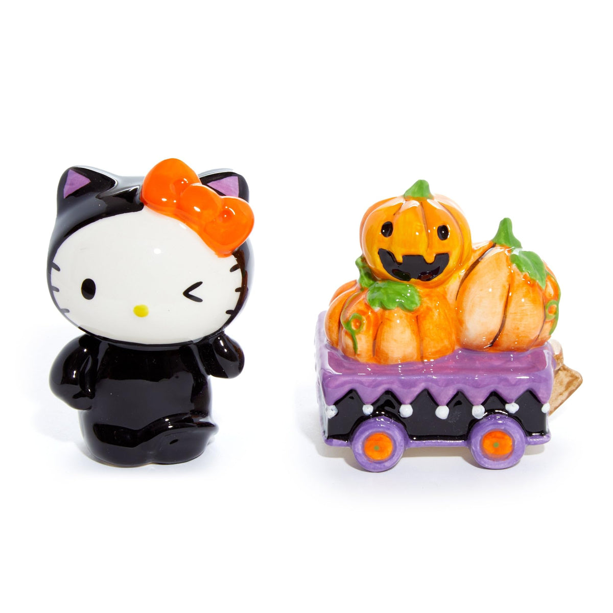 Hello Kitty Pumpkin Halloween Salt and Pepper Set, 5"L x 2.25"W x 3.15"H created by Blue Sky Clayworks