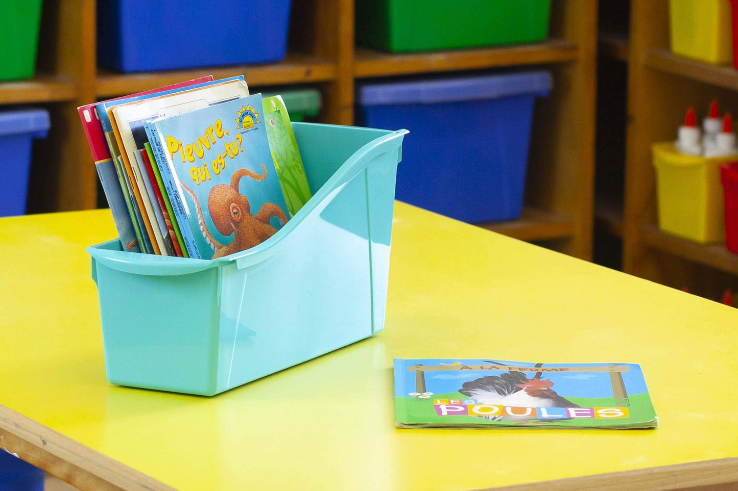 Storex Large Book Bin, Interlocking Plastic Organizer for Home, Office and Classroom, Green, 6-Pack (71104U06C)