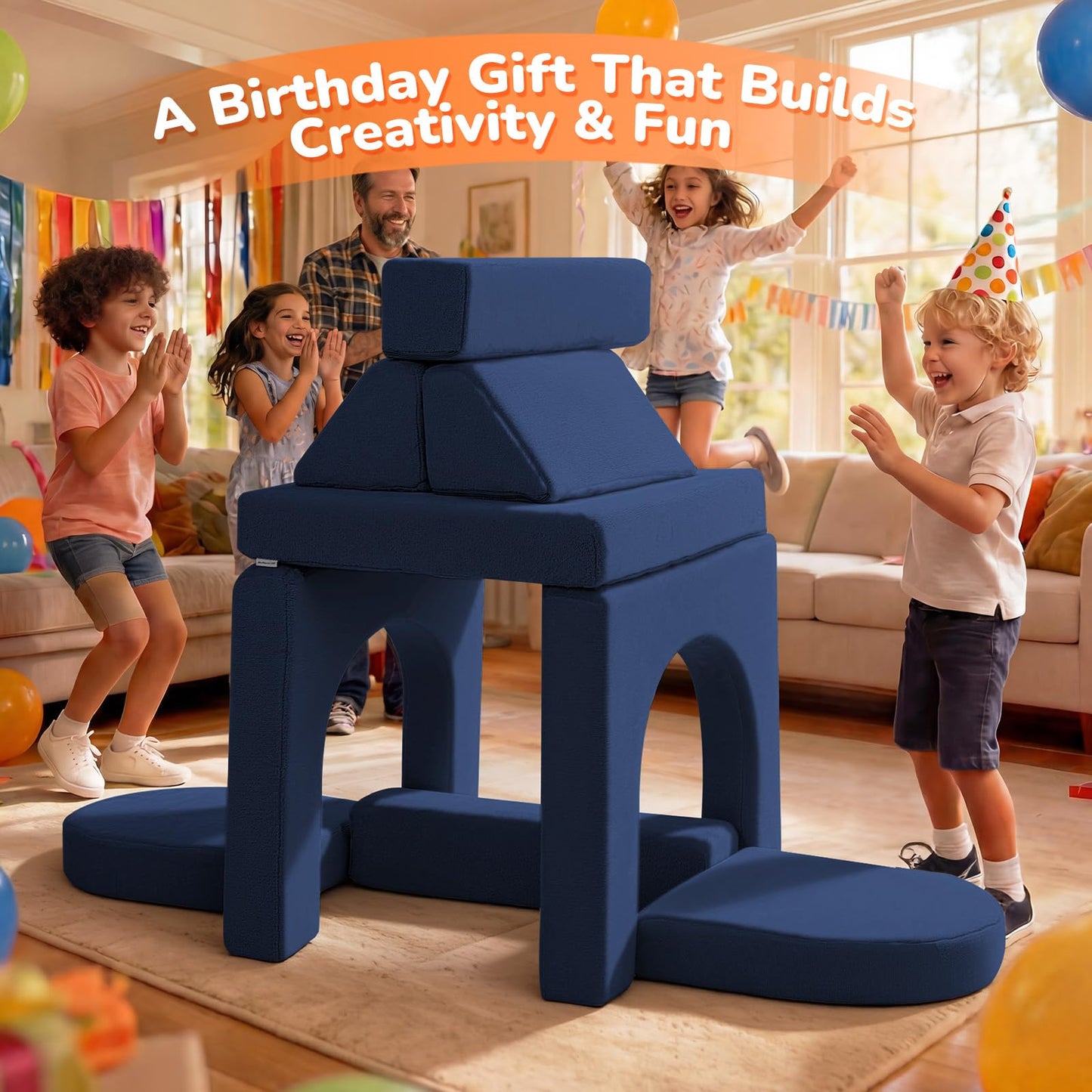 MeMoreCool Navy Blue Kids Couch 10-Piece Modular Play Couch Ages 3+