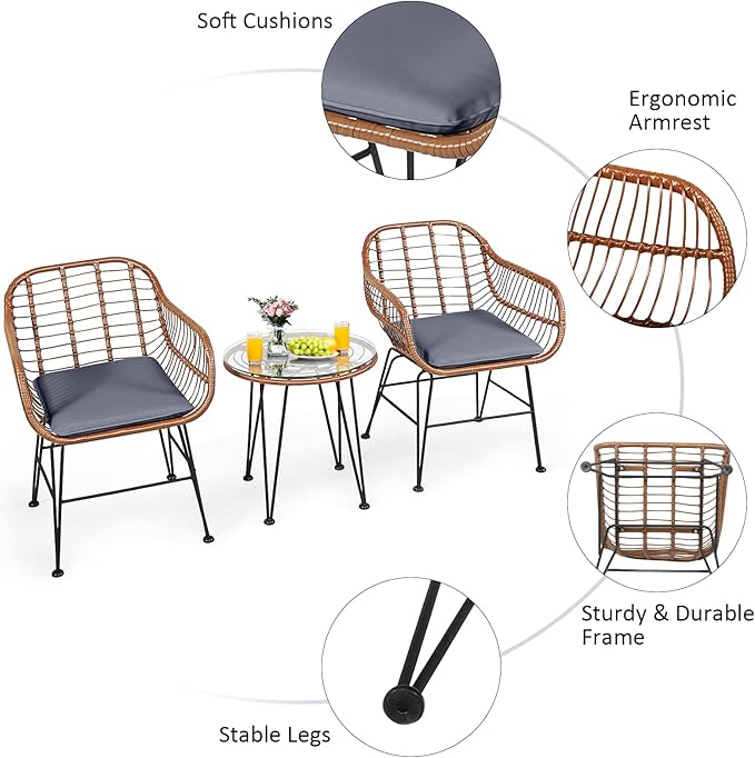 Tangkula 3 Pieces Patio Conversation Bistro Set, Outdoor Wicker Furniture