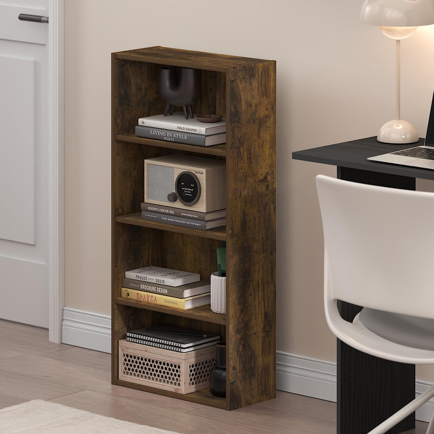 Furinno Basic Book Shelf, 4-Tier Bookcase with Open Shelf, Bookshelf, Cube Storage Organizer, 7 x 17 x 35, for Living Room, Bedroom, Home Office, Amber Pine