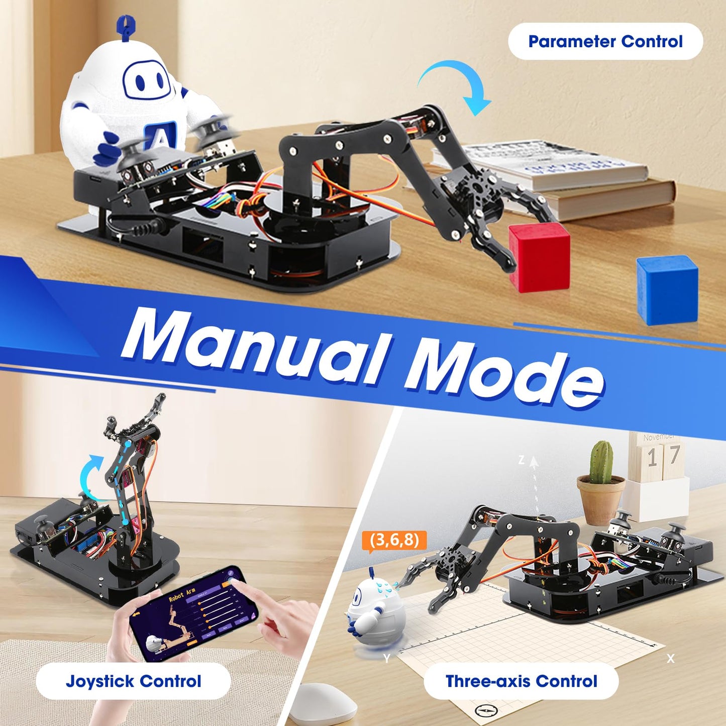 4DOF Robotic Arm Kit for Kids Compatible with Arduino IDE, Programming ESP32 Smart Robot Arm Building Kit STEM Educational Desktop Toy with Joystick and Web App Control for Children Ages 8+ and Adults