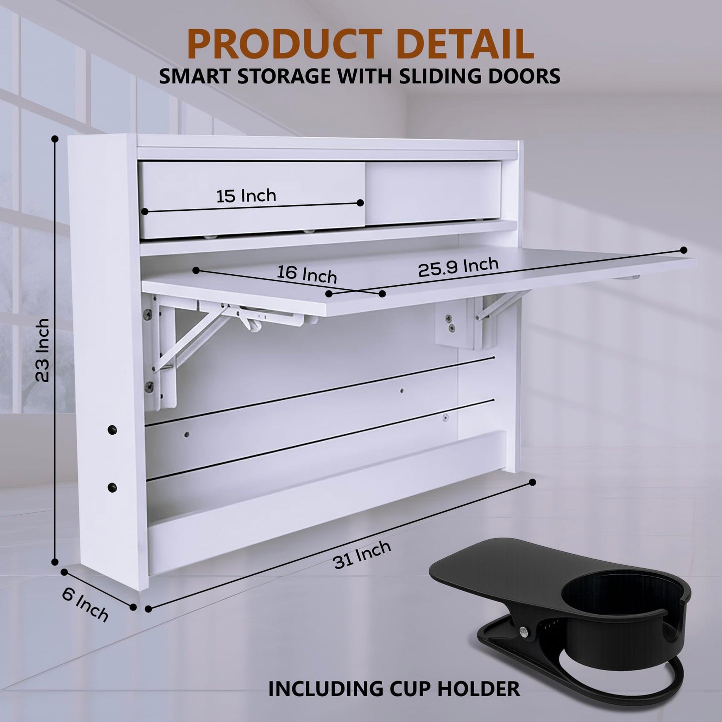 GOOTRY Wall Mounted Desk 31 inches, Folding Table with Shelves, Space Saving Computer Table, Floating Table for Wall, Multi-Purpose Folding Desk Perfect for Workstations, Dining, or Laundry Area.