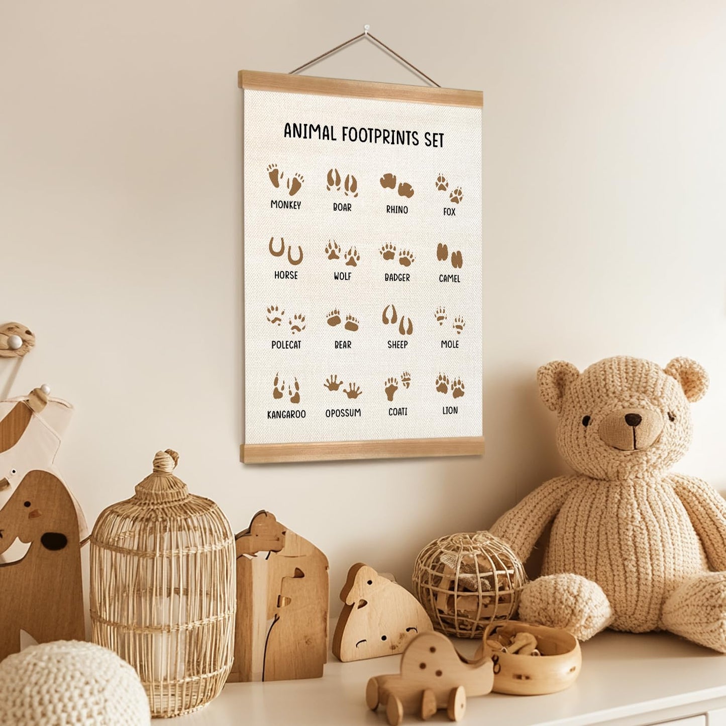 ZTGDA Animal Footprints Wall Art Poster – Animal Footprints Canvas Print with Wood Hanger Frame, Education Learning Poster for Nursery Classroom Playroom Decor 12x16Inch