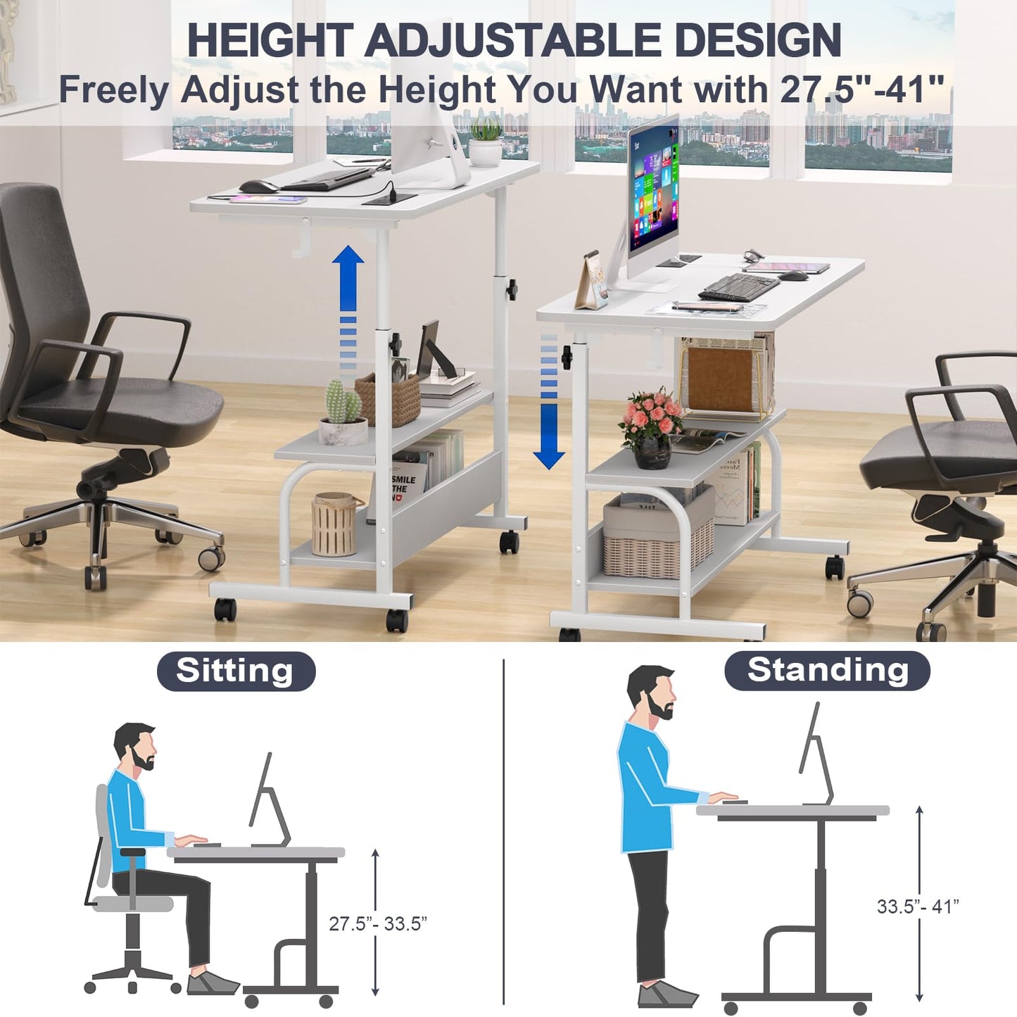 Armocity Rolling Standing Desk with Charging Station, Portable Height Adjustable Mobile Computer Desk with Wheels & 2-Tier Shelves & Hooks, Easy Assembly Laptop Table for Couch Bed, 32" White