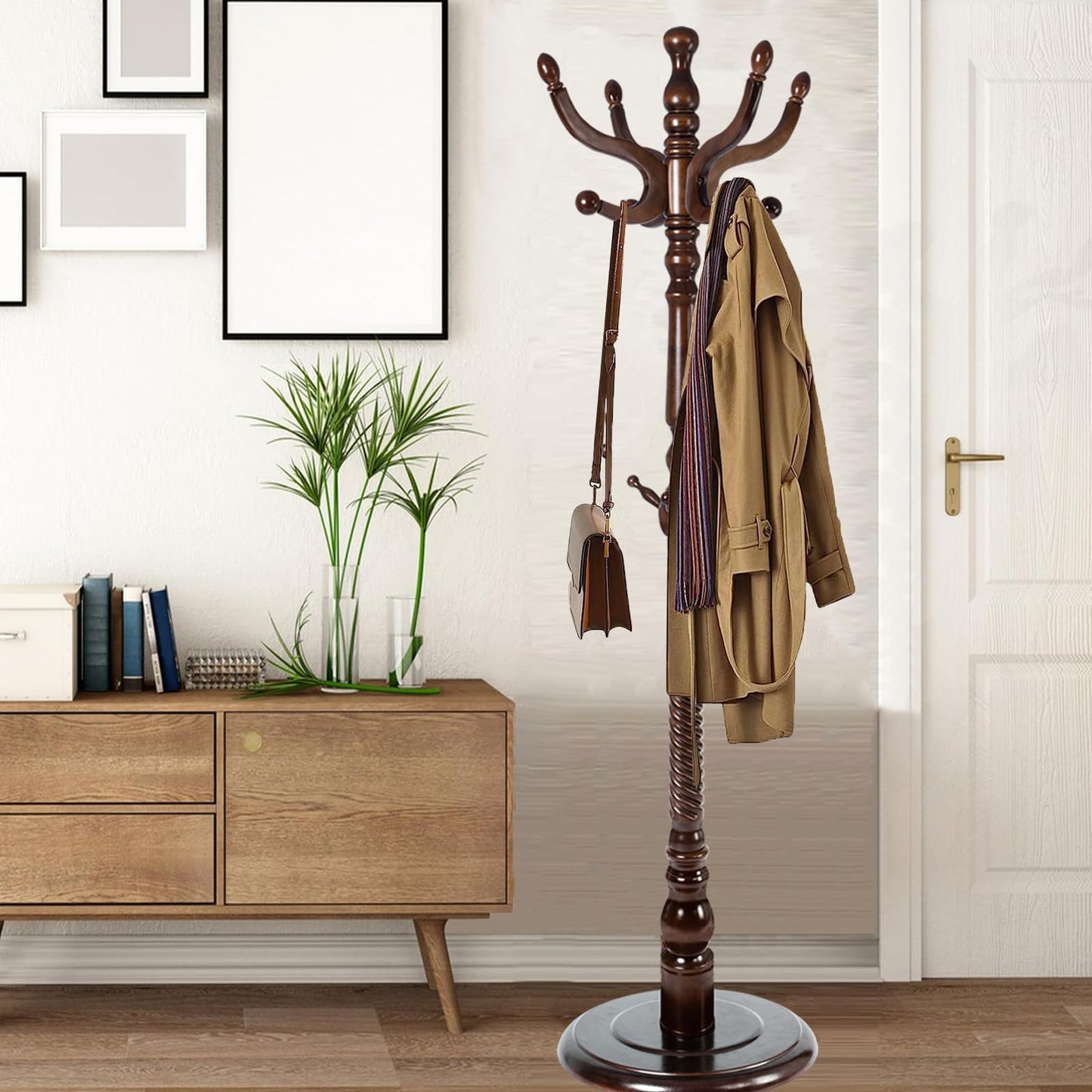 Sauqzoh Coat Racks Free Standing with 14 Hooks, Natural Wood Coat Stands for Entryway, Adjustable Height 73 in Tree Coat Rack Stand for Hallway Home Office Bedroom (Dark Brown)