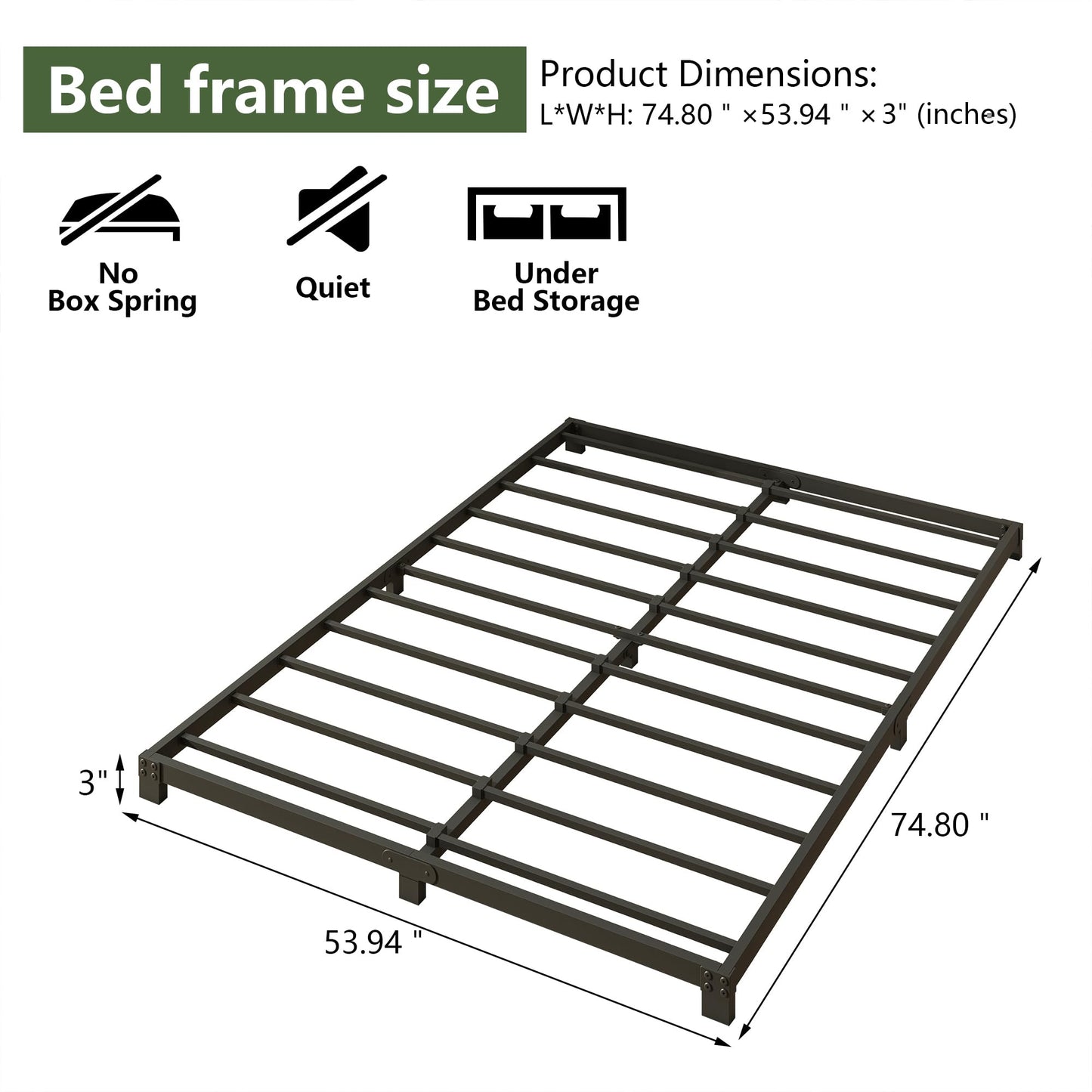 VERFARM 3 Inch Bed Frame Full Size Low Profile, Full Heavy Duty Platform Bed Frame No Box Spring Needed, Easy Assembly, Noise Free, Black