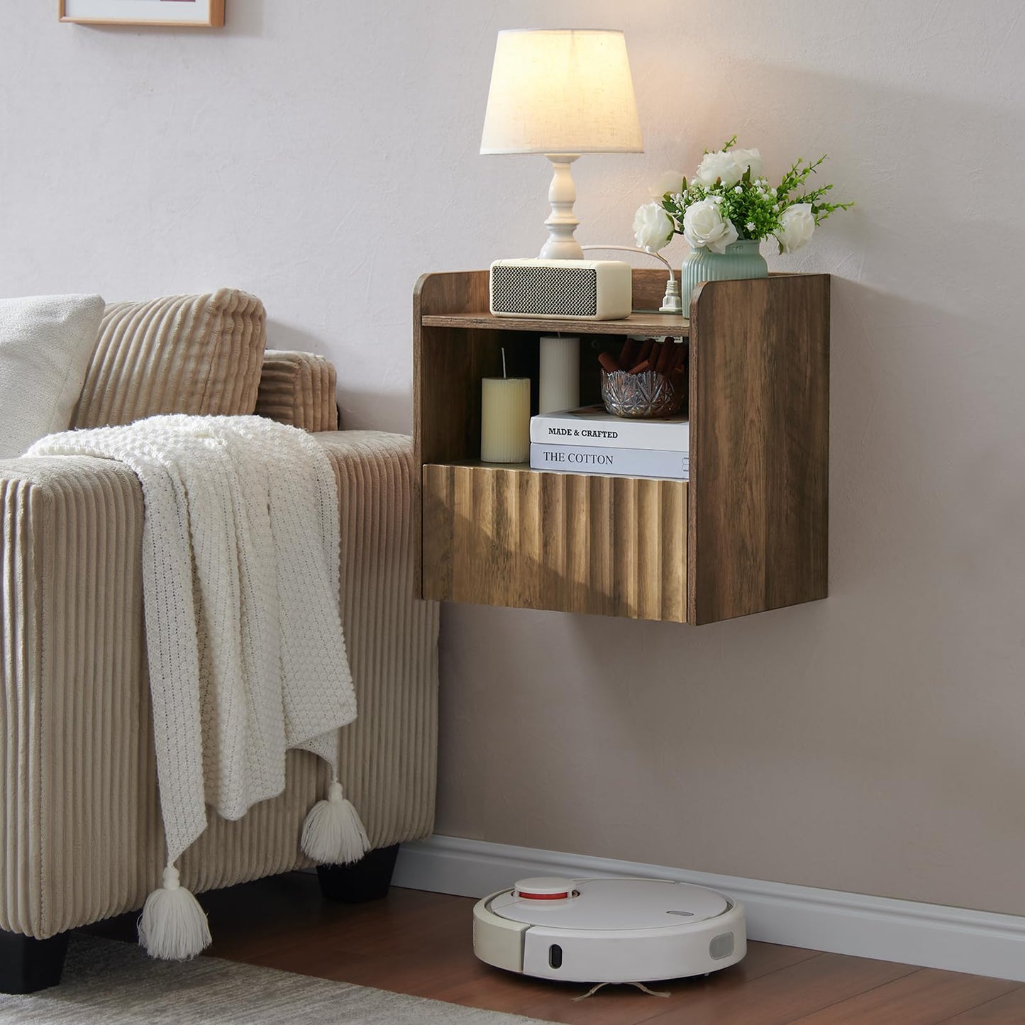 BuildHom Modern Fluted Floating Nightstand Wall Mounted - Bedside Table with Storage Drawer & Display Shelf, Minimalist Bedroom Furniture for Studio Apartments(Rustic Brown)