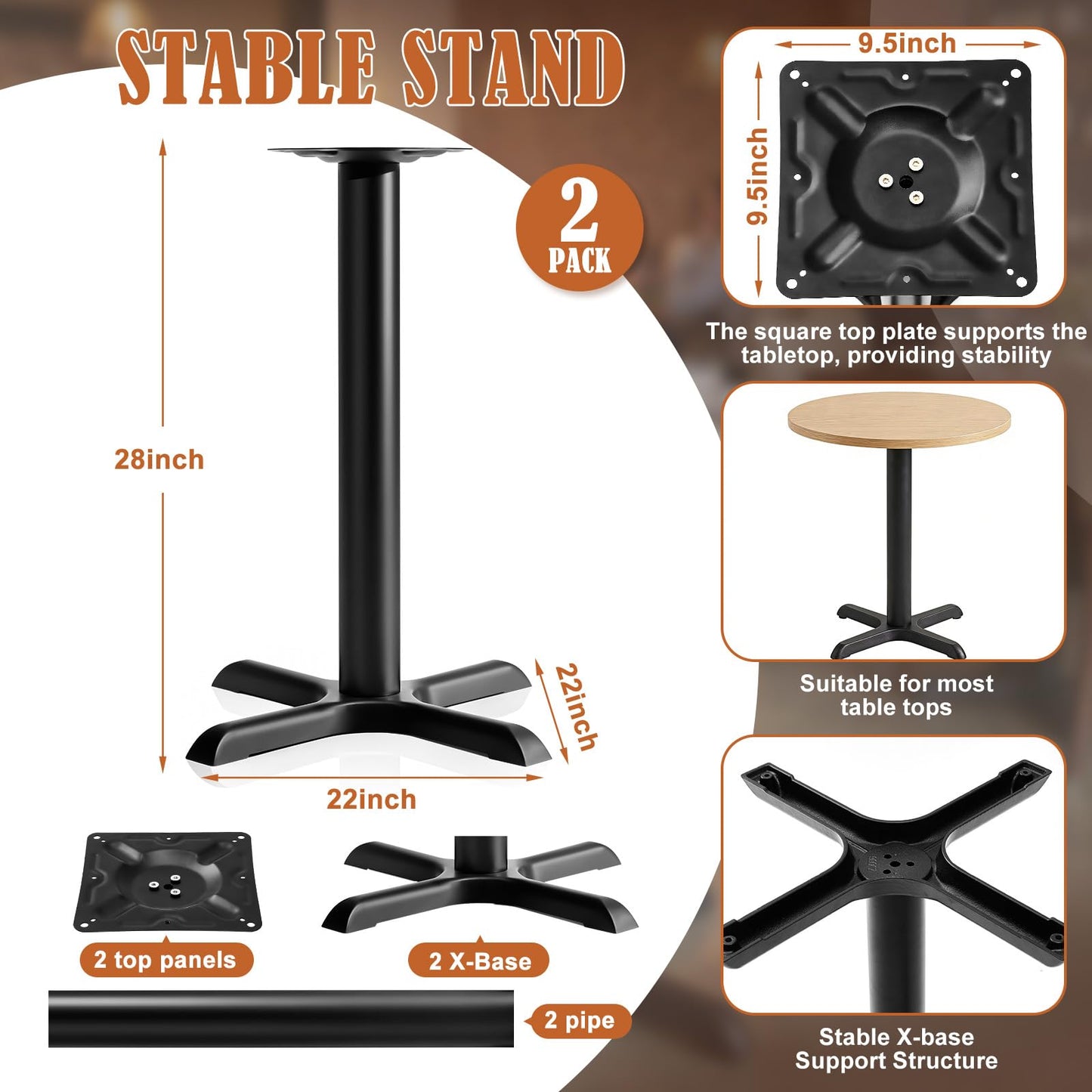 Leinuosen 2 Pack Heavy Duty Restaurant Table Base, 22" x 22" Cast Iron X-Base with 3" Dia. Dining Height Column, 28" Tall Pedestal Table Legs, 500 Lbs Capacity, for Restaurant Cafe Dining Tables