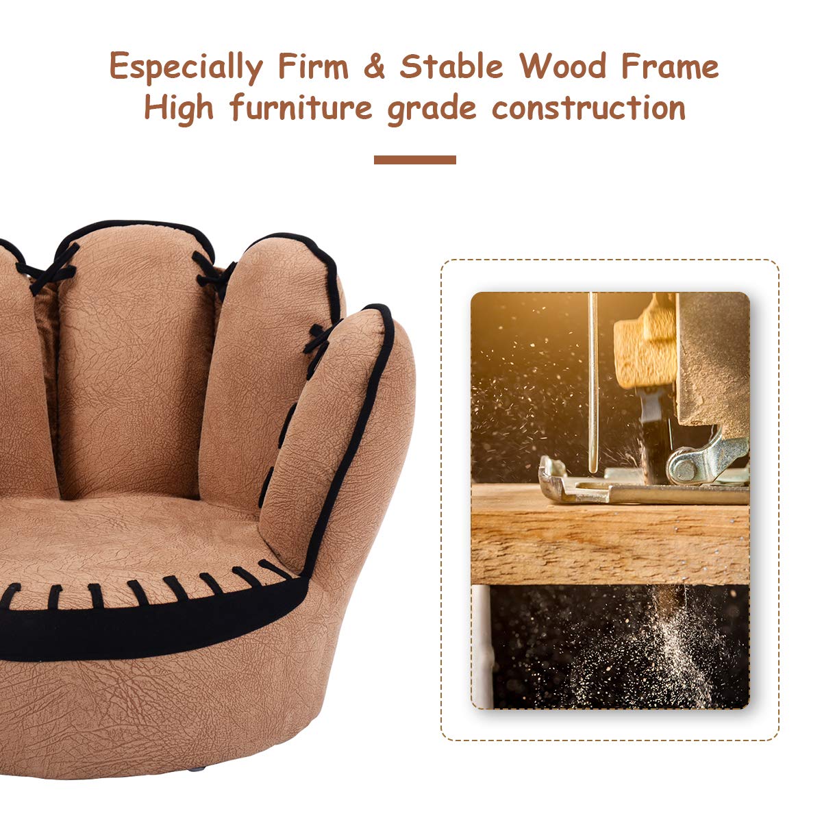 Costzon Kids Couch with Solid Wood Frame & Baseball Glove Design, Children Armchair for Play Room, Nursery, Kindergarten, Kids Room, Gift for Boys & Girls (Brown)