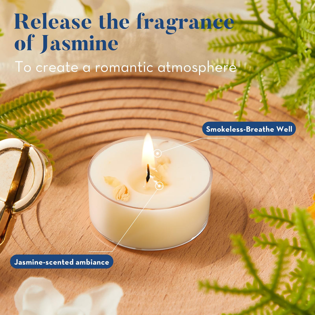 Crenovo Jasmine Scented Tealight Candles with Dried Flowers, 4 Hours Non-Toxic Tea Lights, 100% Soy Wax Candles Bulk for Wedding, Spa, Bath, and Home Decor, 8 Pack