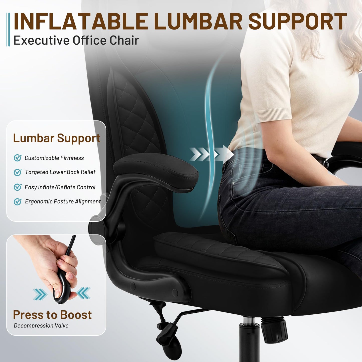 Hayelf Ergonomic Office Chair, PU Leather High Back Executive Chair with Adjustable Inflatable Lumbar Support and Padded Flip-Up Arms, Recline Swivel Task Computer Chair for Home Office, Black