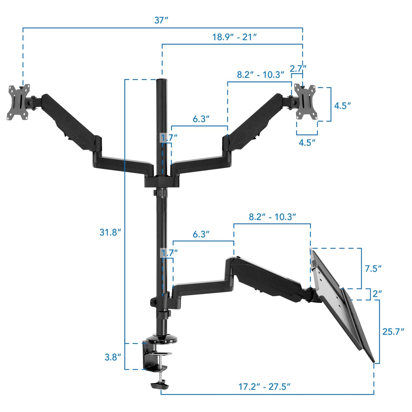 Mount-It! Dual Monitor Arm Desk Mount Sit-Stand Workstation with Keyboard Tray, Height Adjustable Gas Spring, Fits Two 17–32” Screens, 17.6 lbs Each, VESA 75x75 100x100, Clamp or Grommet (Black)