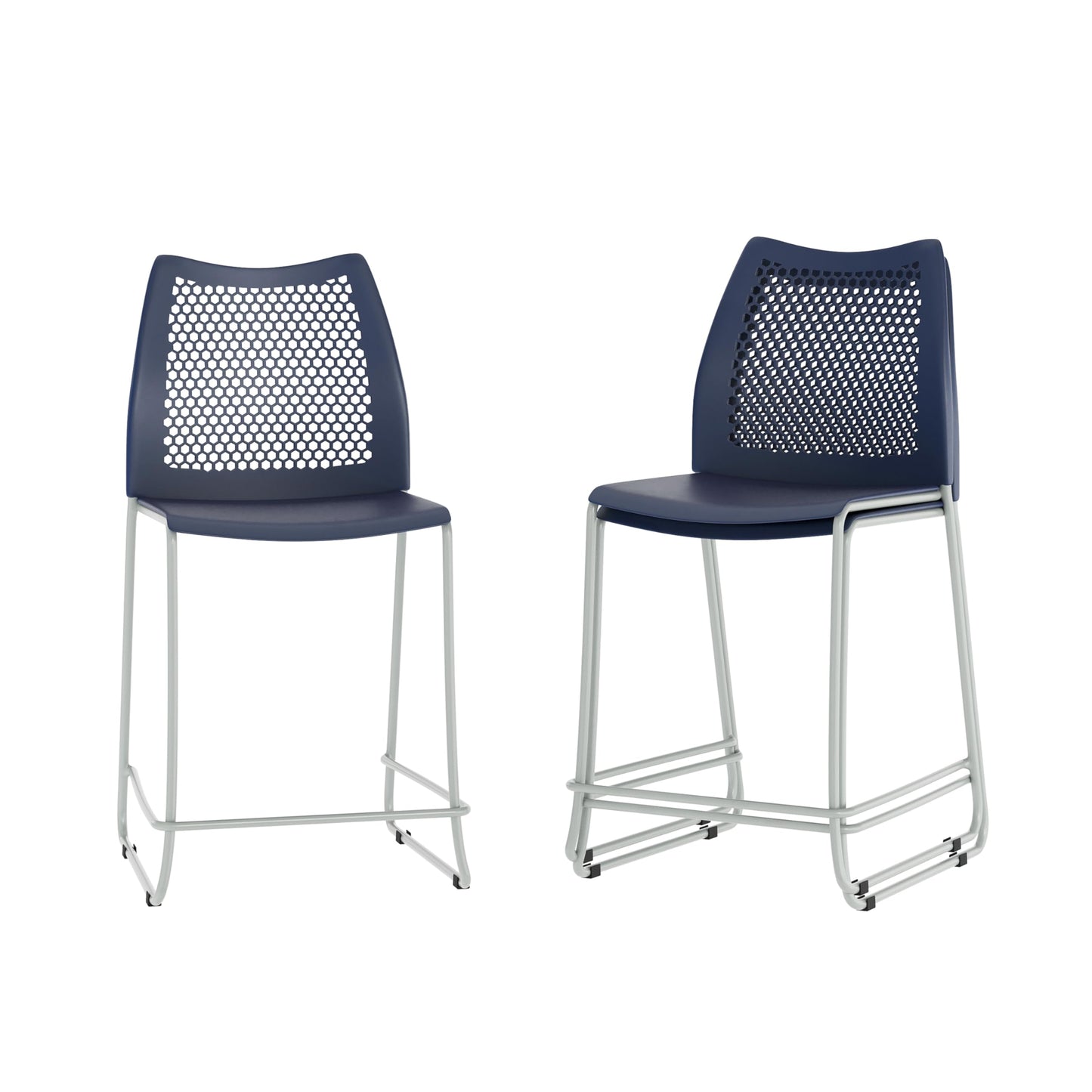 Flash Furniture Hercules Stacking Counter Height Stool with Vented Backrest and Gray Powder Coated Steel Sled Base with Integrated Footrest, Commercial Portable Stool, Set of 3, Navy
