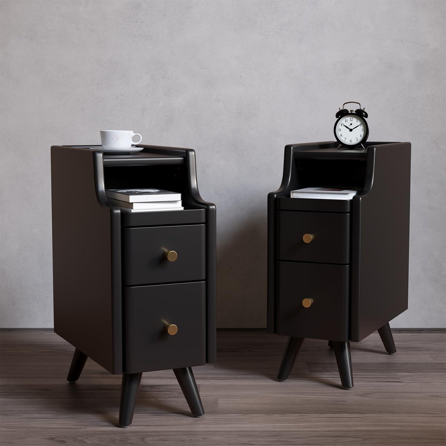 AQIMUELE Narrow Nightstand Set of 2, Small Black Wood Bedside Table with Drawers, End Table for Small Spaces Bedroom
