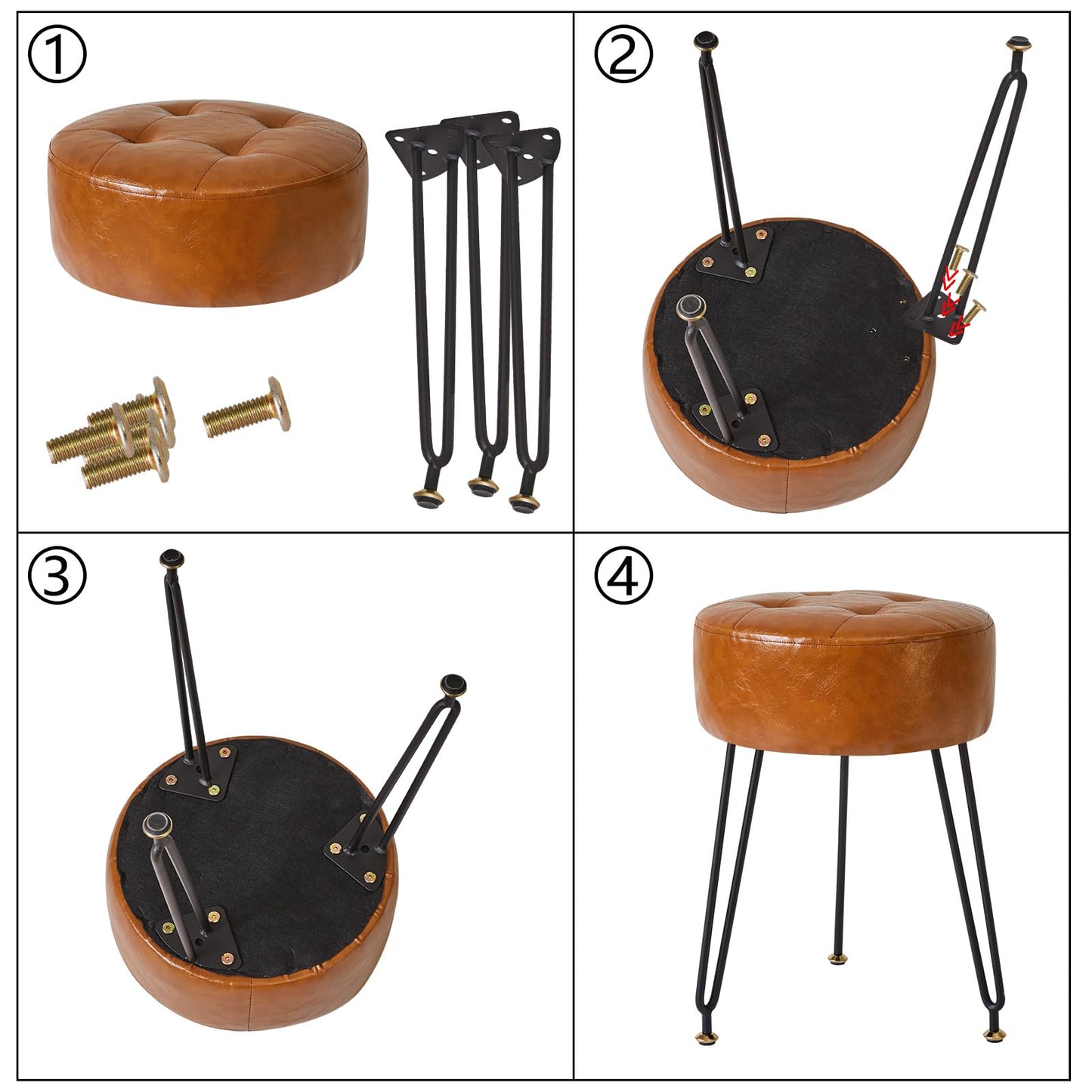 IBUYKE Faux Leather Round Footrest, Makeup Vanity Stool Side Table, PU Dressing Table Seat, Pouf Couch Stool, Golden Steel Legs, Light Brown LG-31J