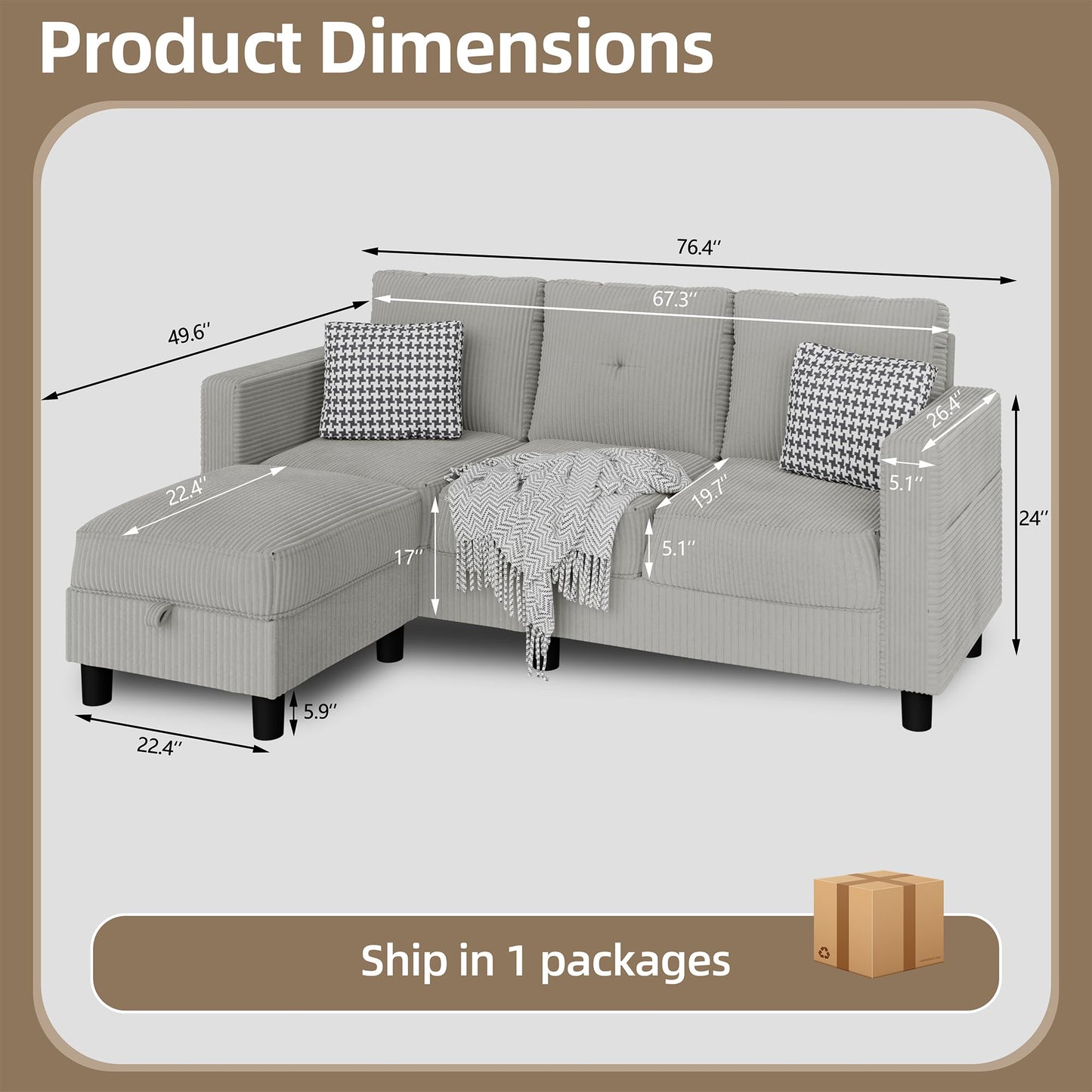 Convertible Sectional Sofa with Storage Ottoman, 77” L-Shaped 3-Seat Couch with Skin-Friendly Corduroy Fabric, Reversible Small Sectional for Small Space, Apartment, Living Room and Office (Grey)