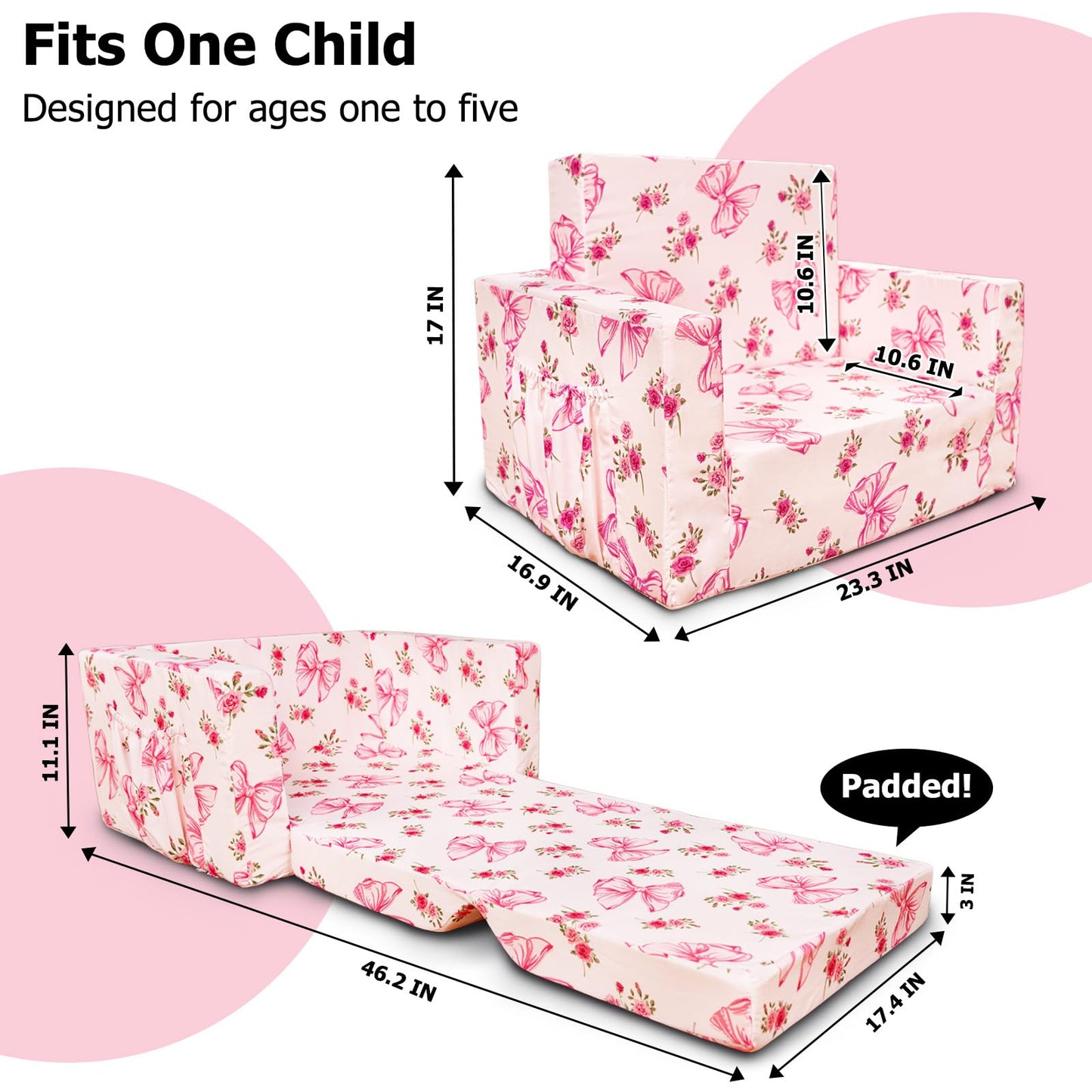 Beavtaens Kids Couch, 2-in-1 Kids Fold Out Couch, Convertible Sofa to Lounger for Girls and Boys, Soft Toddler Chairs Comfy 1-3 Years Old(Pink Bow)