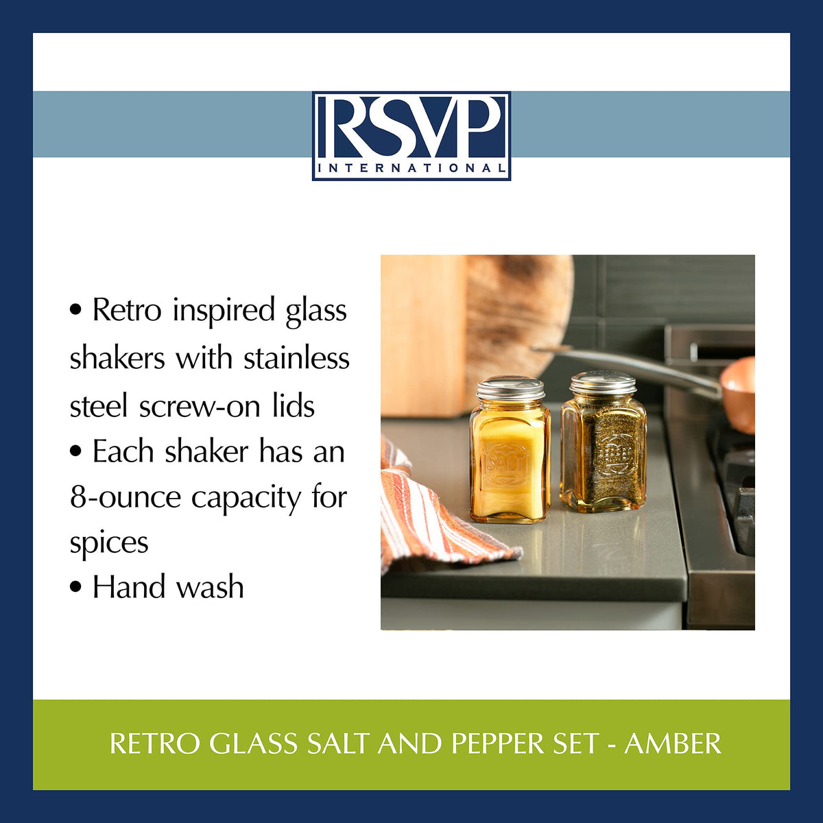 RSVP International Jumbo Retro Glass Salt & Pepper Shaker, Screw On Stainless Steel Lid, Each Shaker Holds 8 Ounces, Amber, 2.25x2.25x4.3, 2 Piece